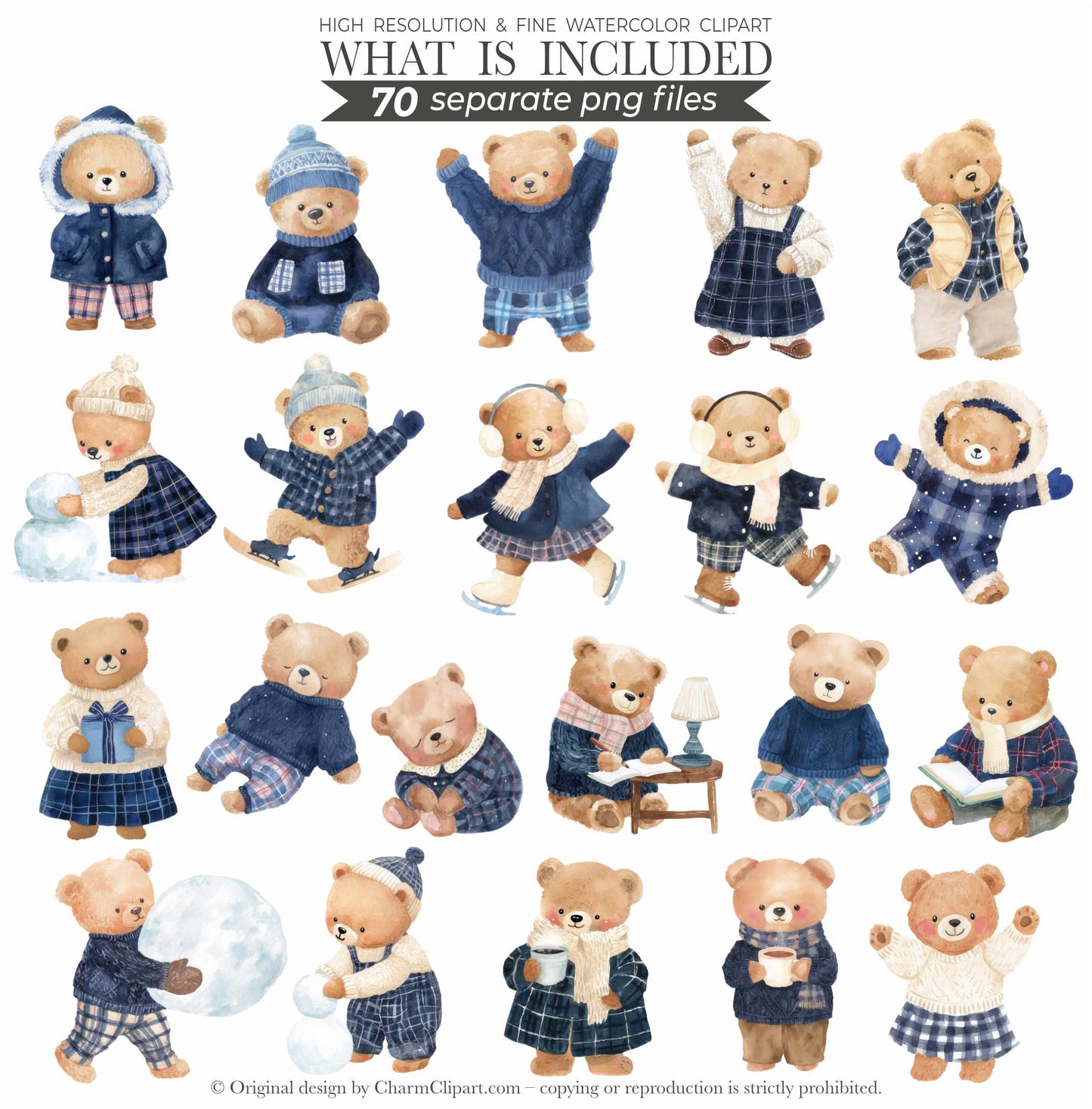 FROSTY COZY BEARS – BLUE PLAID WINTER WATERCOLOR TEDDY CLIPART (70 PNGs