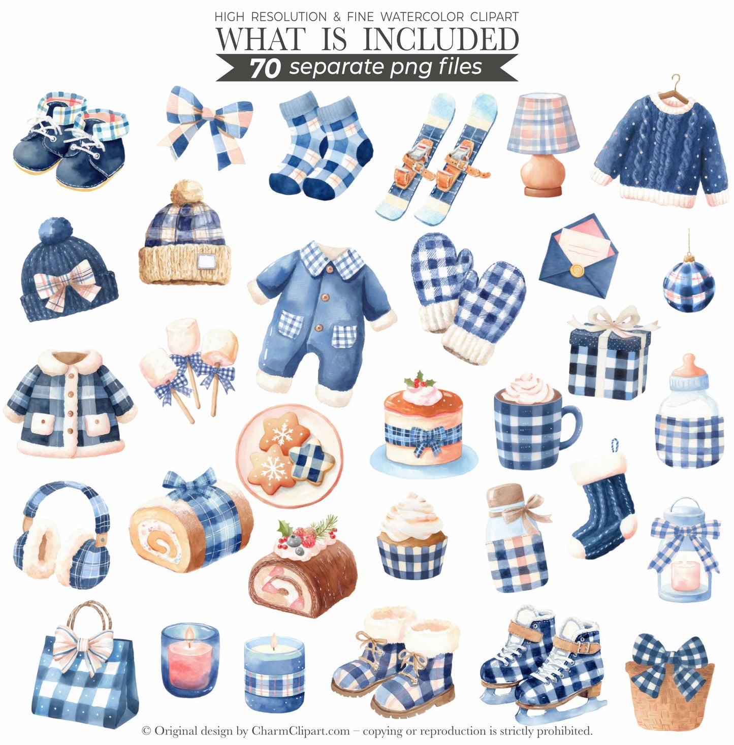 FROSTY COZY BEARS – BLUE PLAID WINTER WATERCOLOR TEDDY CLIPART (70 PNGs