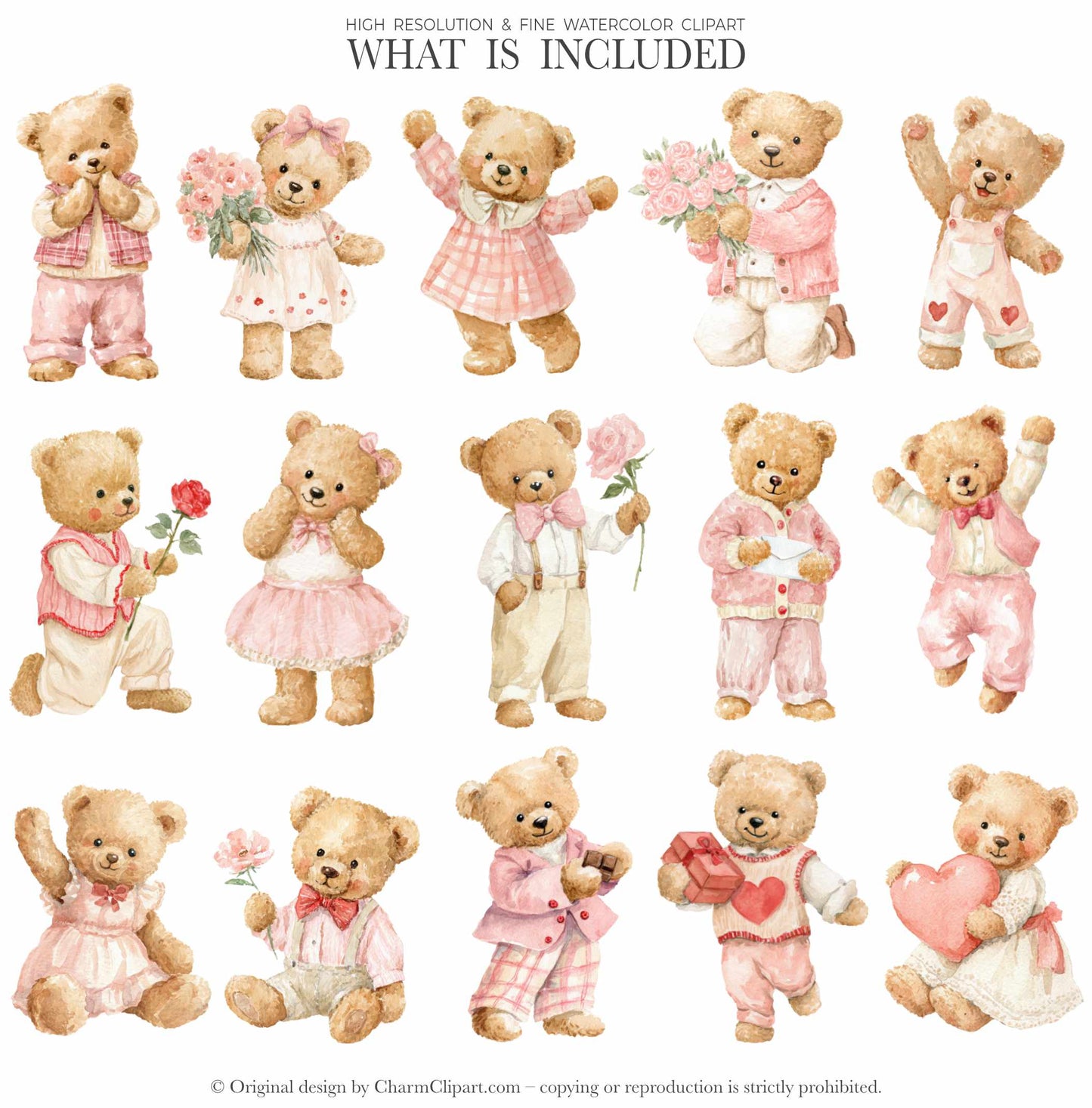 Pastel Valentine Teddy Bears Clipart, Cute Watercolor Love Bear PNG, Romantic Nursery Clipart, Baby Shower, Digital Download