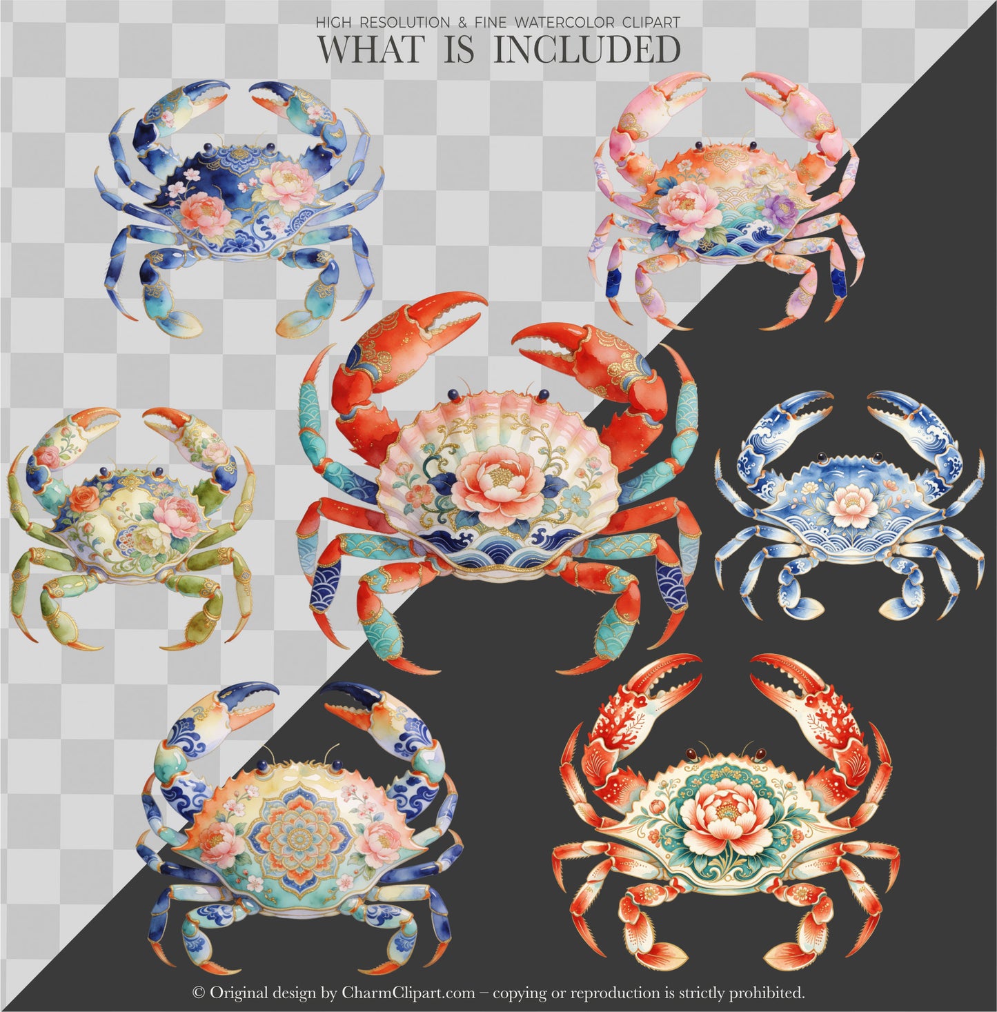 Floral Shellfish Clipart PNG, Coastal Crab Lobster Shrimp Seashell, Chinoiserie Floral Shellfish Clipart, Watercolor Ocean Animals PNG