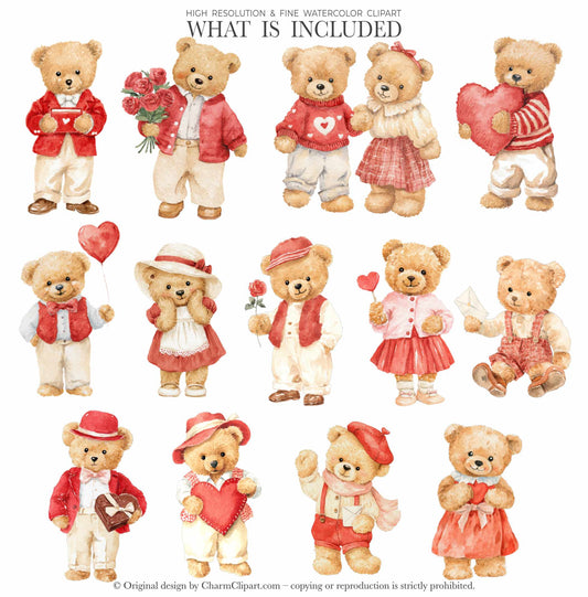 Red Valentine Teddy Bears Clipart, Cute Watercolor Love Bear PNGs, Romantic Nursery Clip Art, Baby Shower, Digital Download