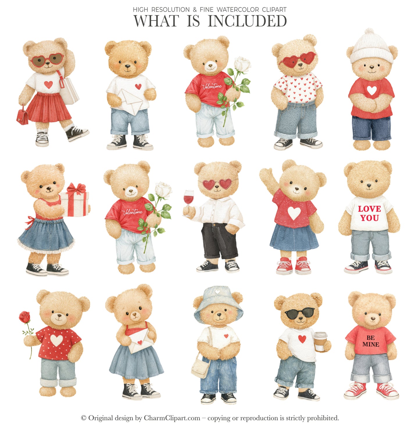 Watercolor Valentine Teddy Bears Clipart, Cute Watercolor Love Bear PNG, Romantic Nursery Clipart, Baby Shower, Digital Download