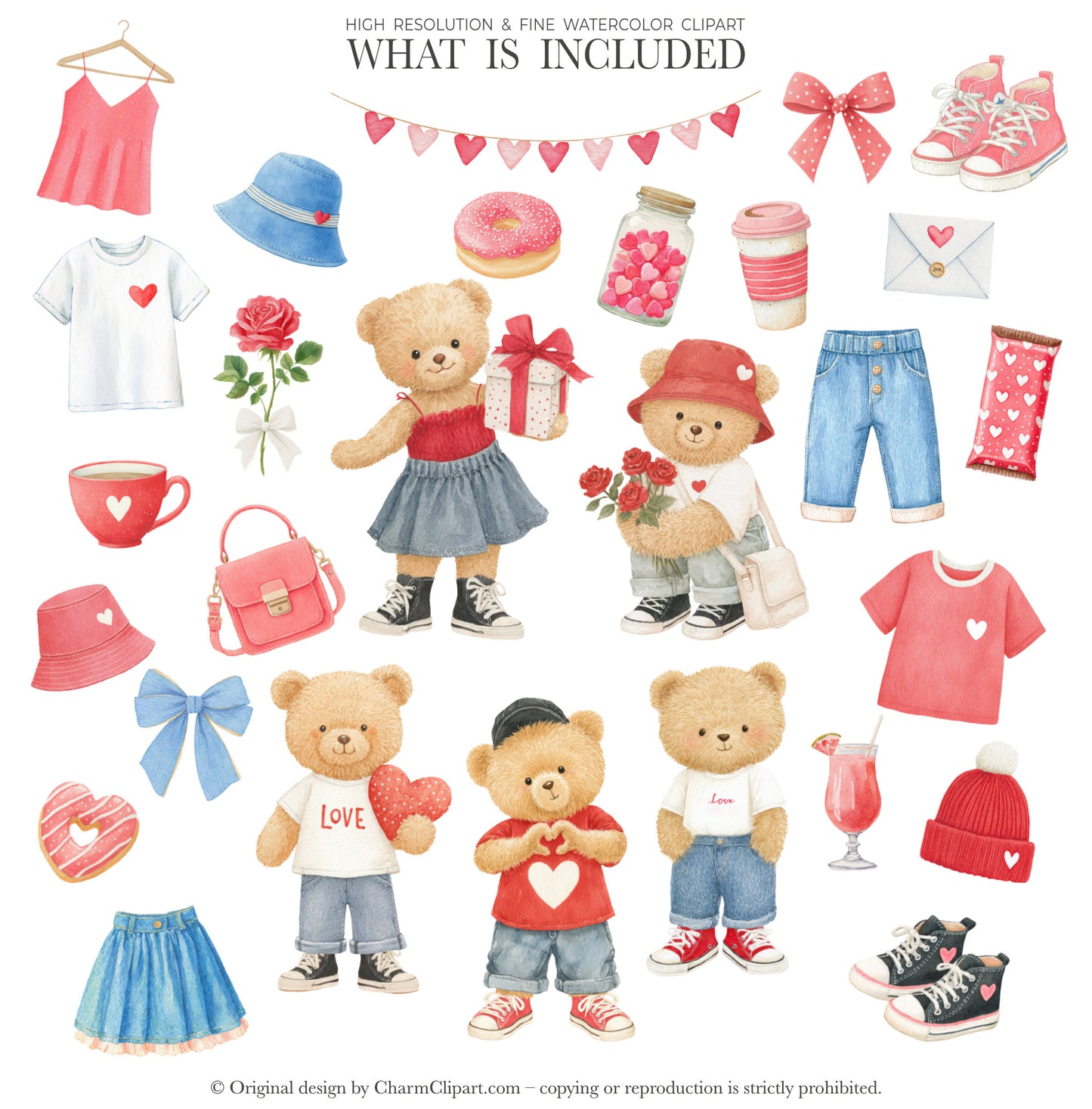 Watercolor Valentine Teddy Bears Clipart, Cute Watercolor Love Bear PNG, Romantic Nursery Clipart, Baby Shower, Digital Download