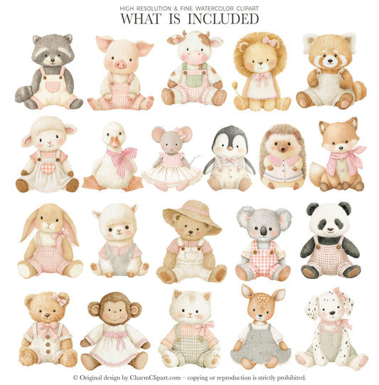 Watercolor Rustic Atelier Clipart Set, Cottagecore Plush Toys PNG, French Country Nursery Clipart, Neutral Baby Clipart, Digital Download
