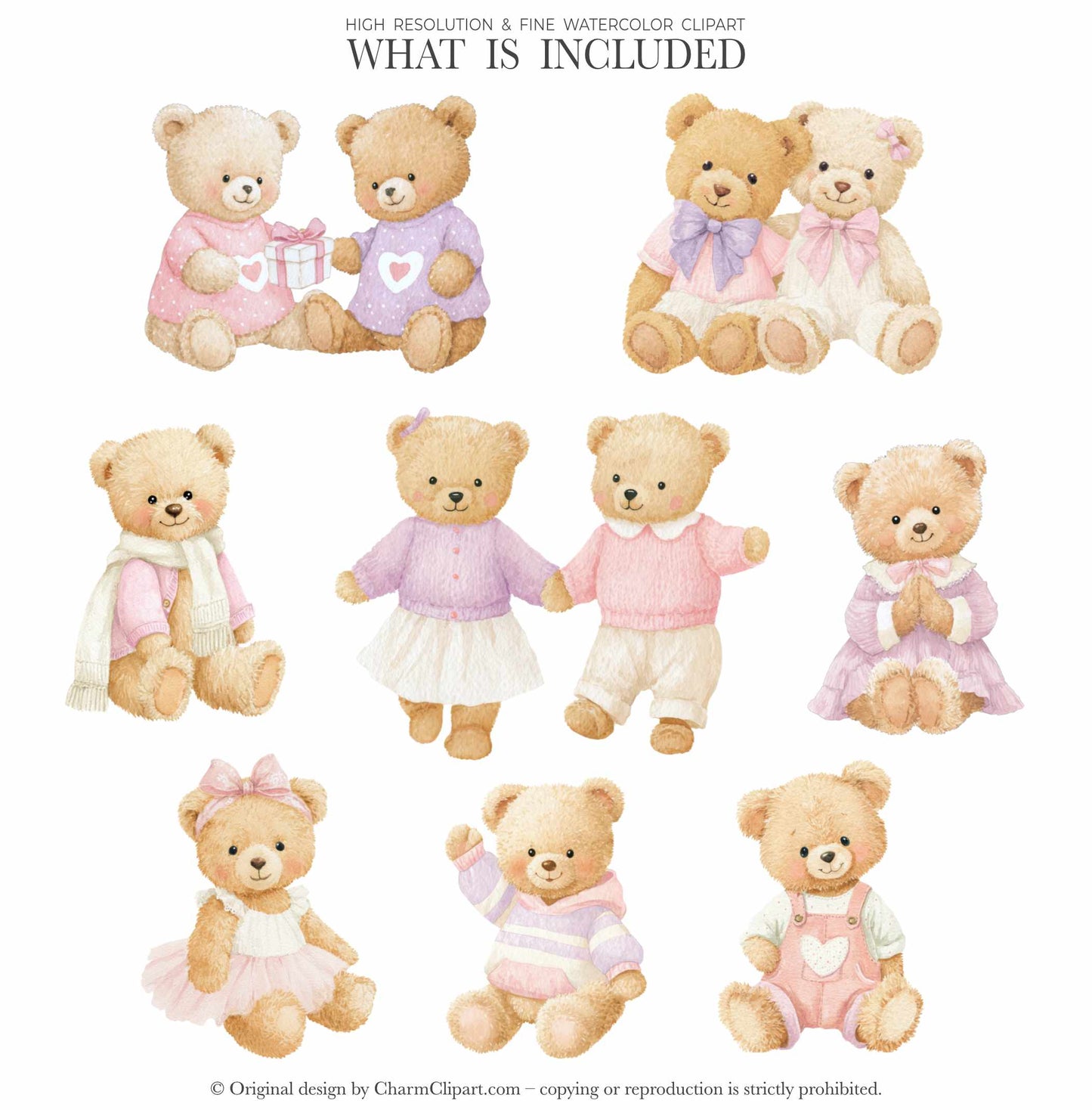 Valentine’s Day Teddy Bears Clipart, Romantic Watercolor Bears PNG, Cute Love Clipart, Nursery Decor, Baby Shower Digital Set