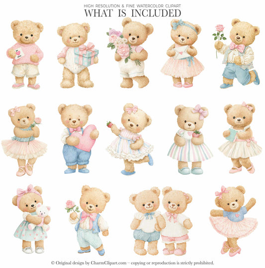 Watercolor Pale Valentine Teddy Bear Clipart, Soft Pastel Love Bears, Cute Watercolor PNG, Nursery Decor, Baby Shower Digital Download