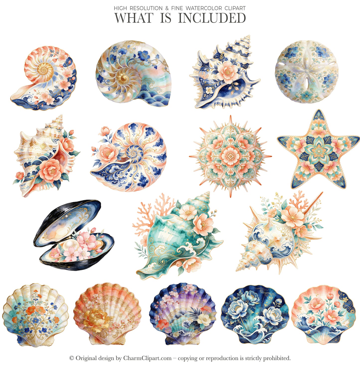 Floral Shellfish Clipart PNG, Coastal Crab Lobster Shrimp Seashell, Chinoiserie Floral Shellfish Clipart, Watercolor Ocean Animals PNG