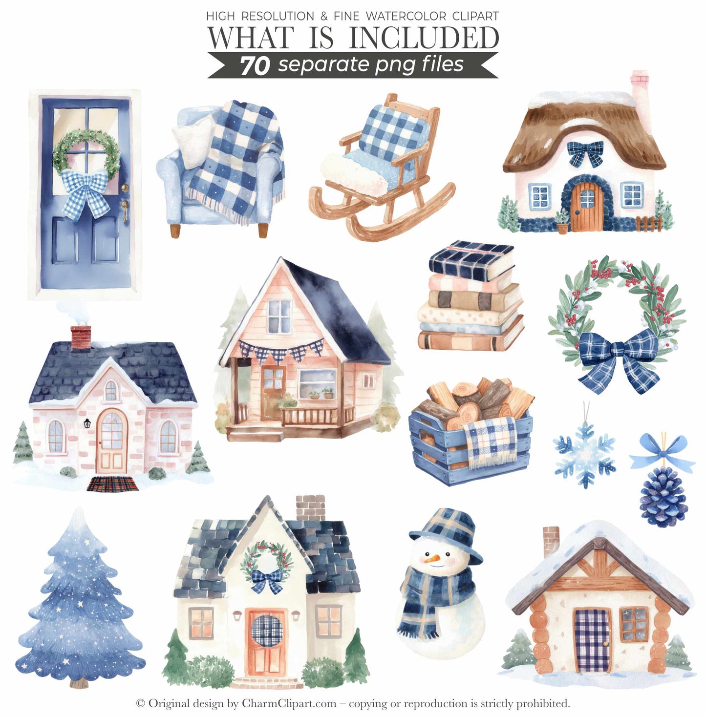 FROSTY COZY BEARS – BLUE PLAID WINTER WATERCOLOR TEDDY CLIPART (70 PNGs