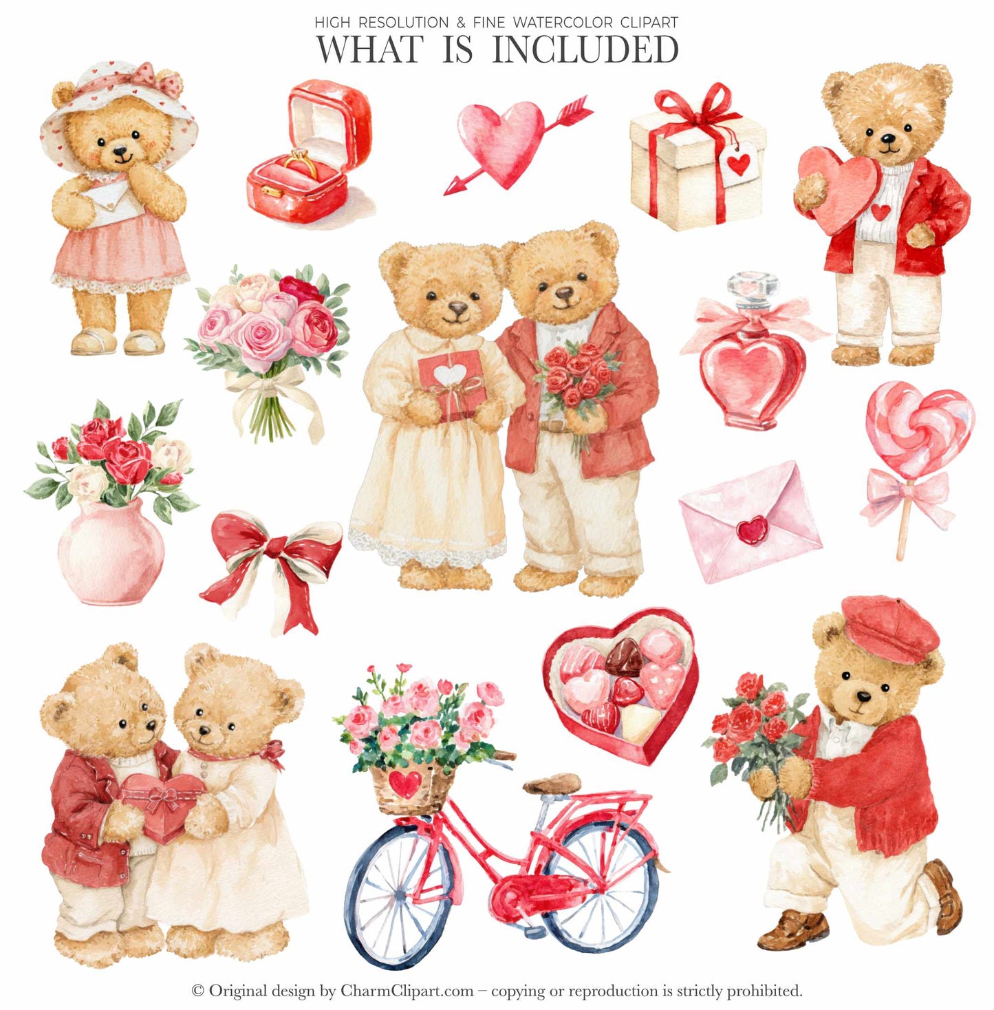 Red Valentine Teddy Bears Clipart, Cute Watercolor Love Bear PNGs, Romantic Nursery Clip Art, Baby Shower, Digital Download