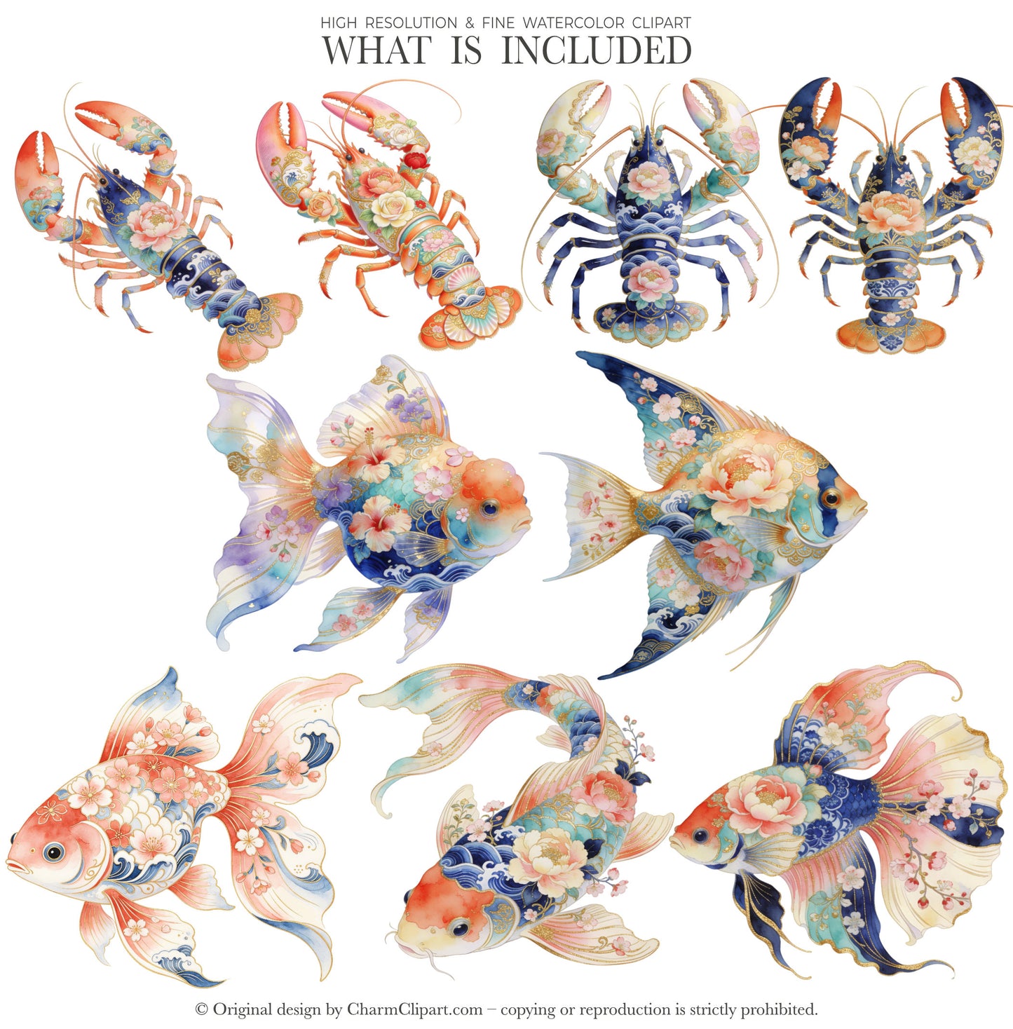 Floral Shellfish Clipart PNG, Coastal Crab Lobster Shrimp Seashell, Chinoiserie Floral Shellfish Clipart, Watercolor Ocean Animals PNG