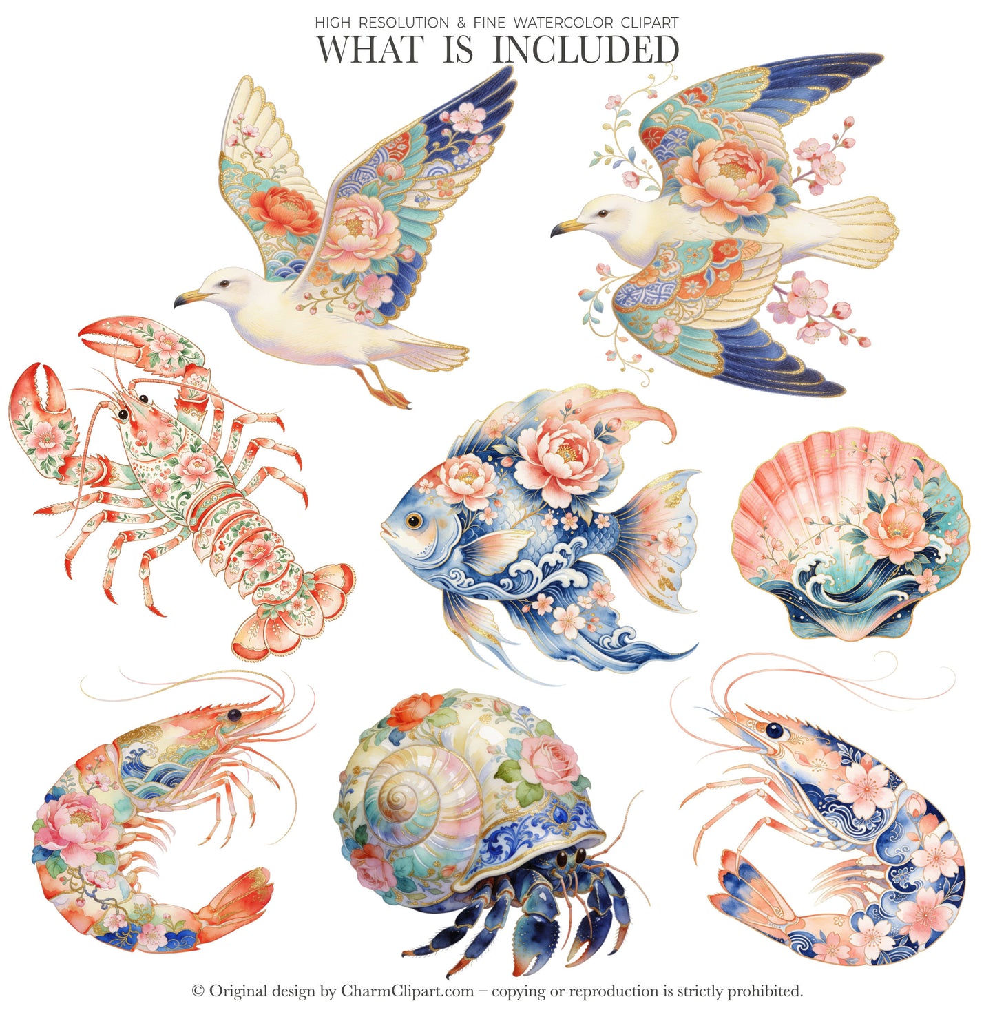 Floral Shellfish Clipart PNG, Coastal Crab Lobster Shrimp Seashell, Chinoiserie Floral Shellfish Clipart, Watercolor Ocean Animals PNG