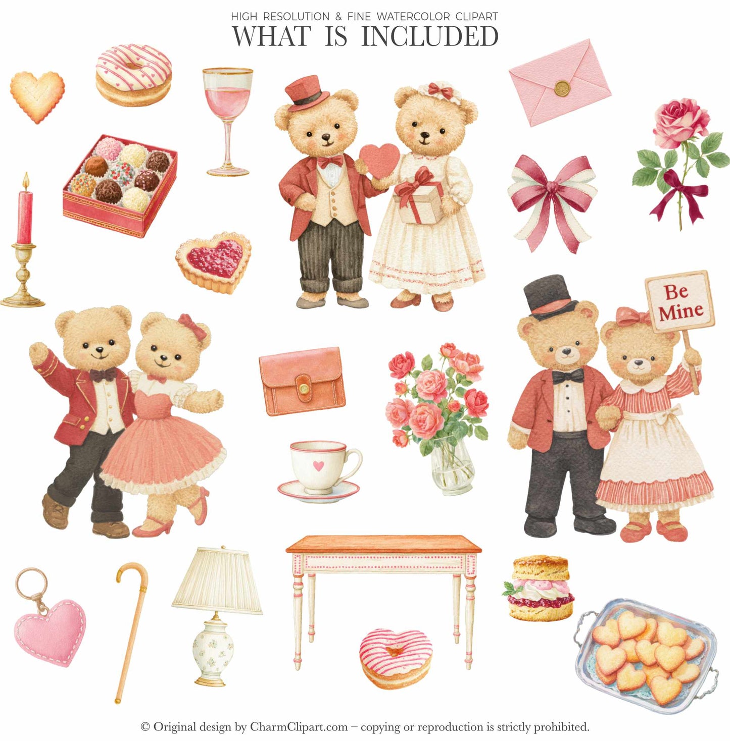 Watercolor Romantic Classics Teddy Bears Clipart, Valentine's Day Clipart, Cute Bears PNG, Love Clipart, Baby Shower, Nursery PNG, Digital