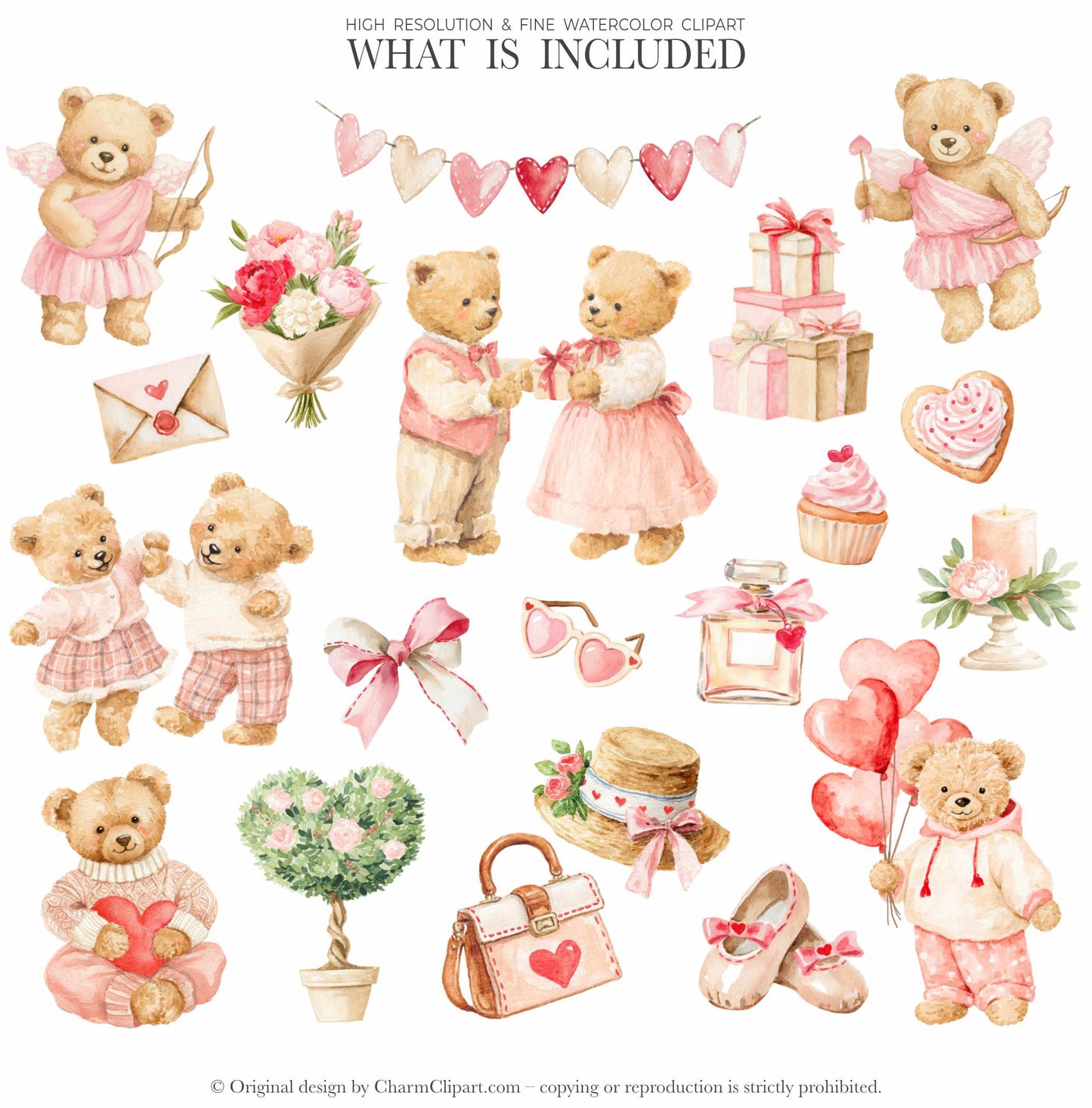 Pastel Valentine Teddy Bears Clipart, Cute Watercolor Love Bear PNG, Romantic Nursery Clipart, Baby Shower, Digital Download