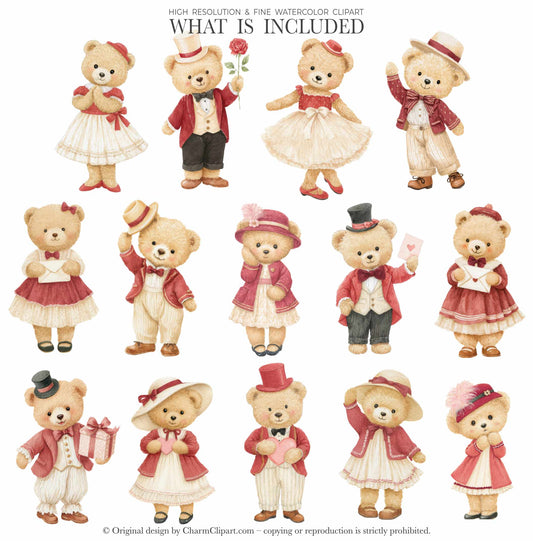 Watercolor Romantic Classics Teddy Bears Clipart, Valentine's Day Clipart, Cute Bears PNG, Love Clipart, Baby Shower, Nursery PNG, Digital