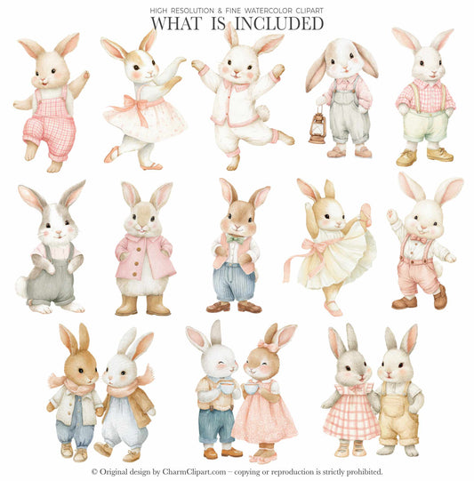 Pastel Bunny Nursery Clipart, Cute Watercolor Rabbits PNG, Baby Shower Animals, Soft Cottagecore Spring Clipart, Digital Download