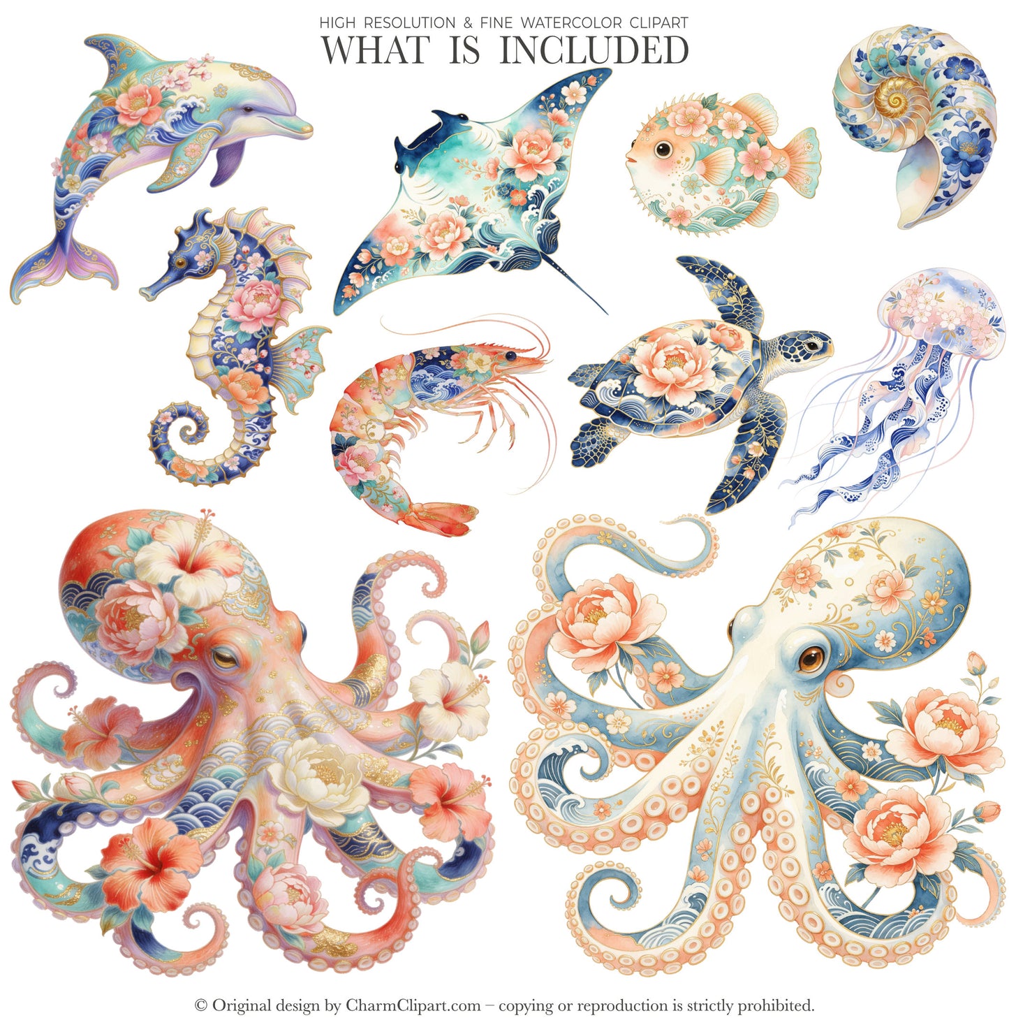Floral Shellfish Clipart PNG, Coastal Crab Lobster Shrimp Seashell, Chinoiserie Floral Shellfish Clipart, Watercolor Ocean Animals PNG