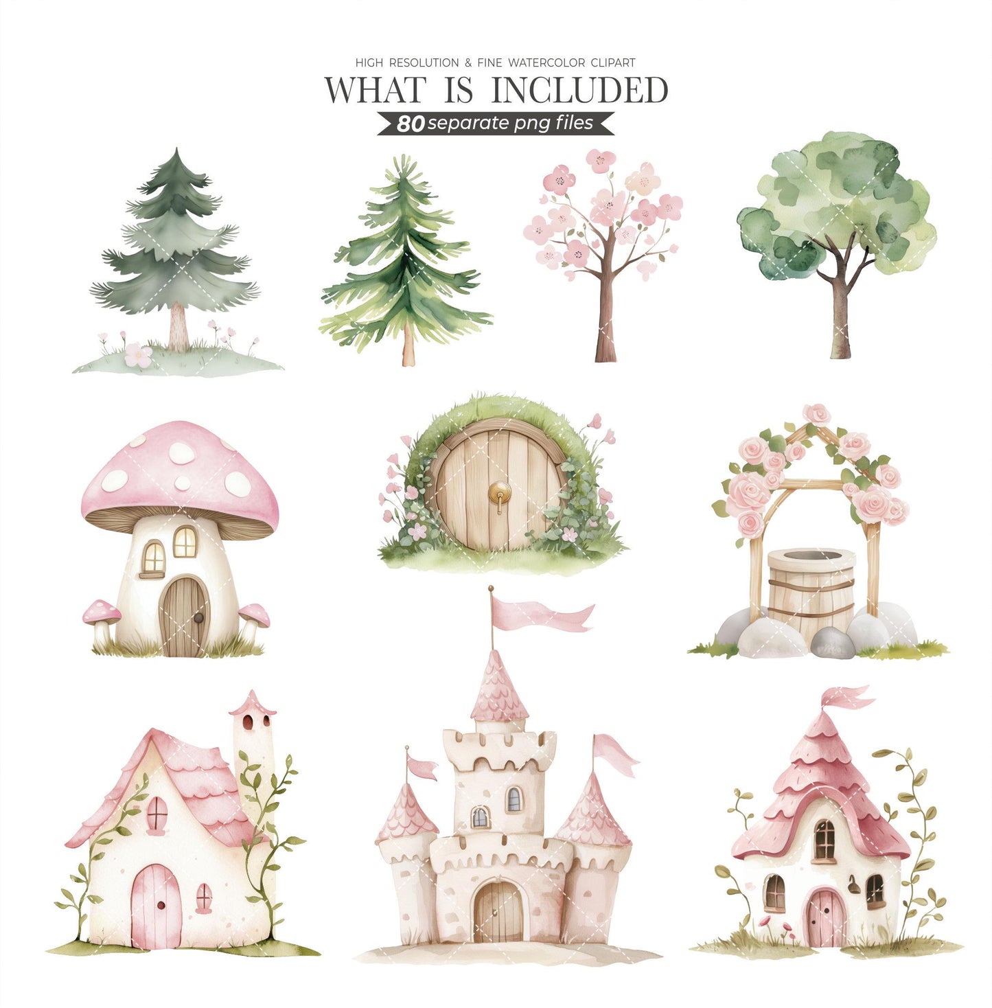 Watercolor Fairy Garden Clipart, Pink Fairy Princess PNG, Woodland Fantasy Unicorn, Cute Forest Animals, Magical Clipart, Whimsical Nursery
