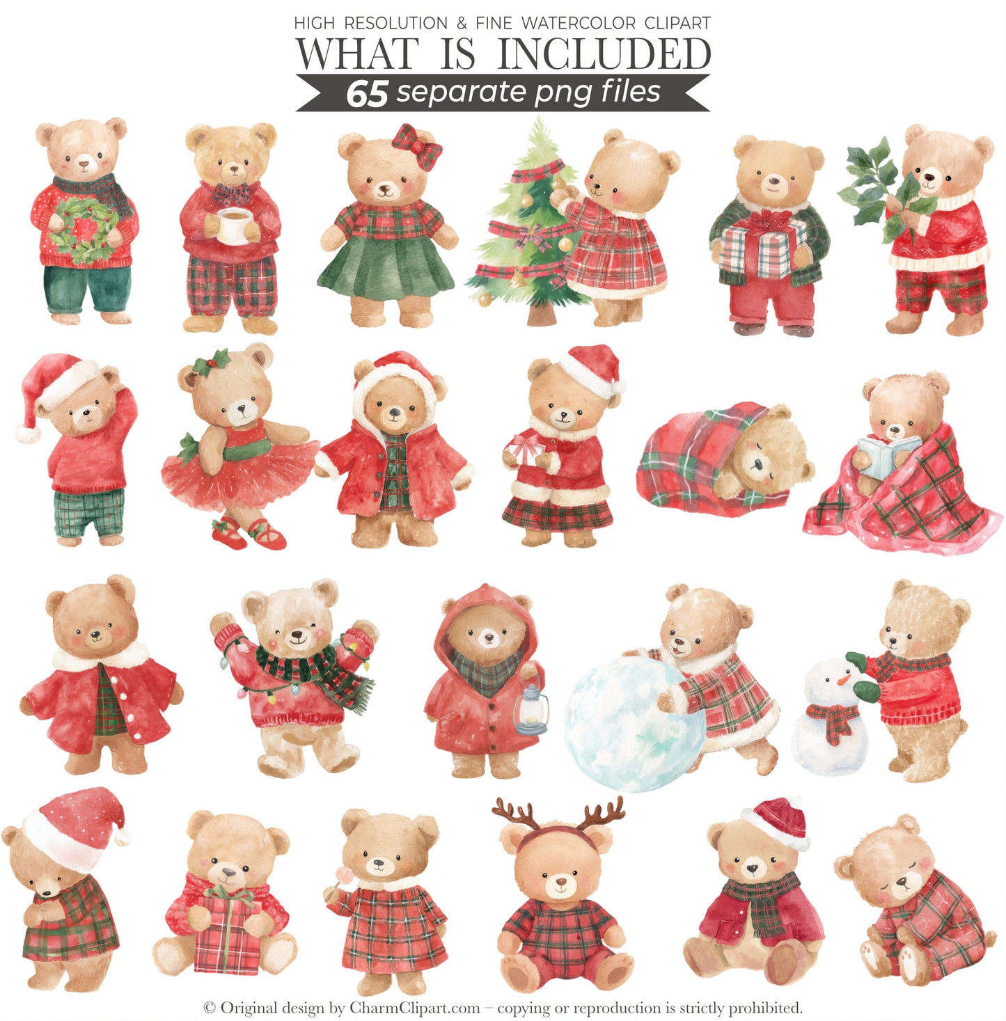 Watercolor Christmas Teddy Bears Clipart, Cute Holiday Bear PNG, Tartan Christmas Clipart, Festive Nursery Animals, Winter Bear PNG Download