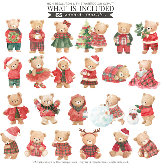Watercolor Christmas Teddy Bears Clipart, Cute Holiday Bear PNG, Tartan Christmas Clipart, Festive Nursery Animals, Winter Bear PNG Download