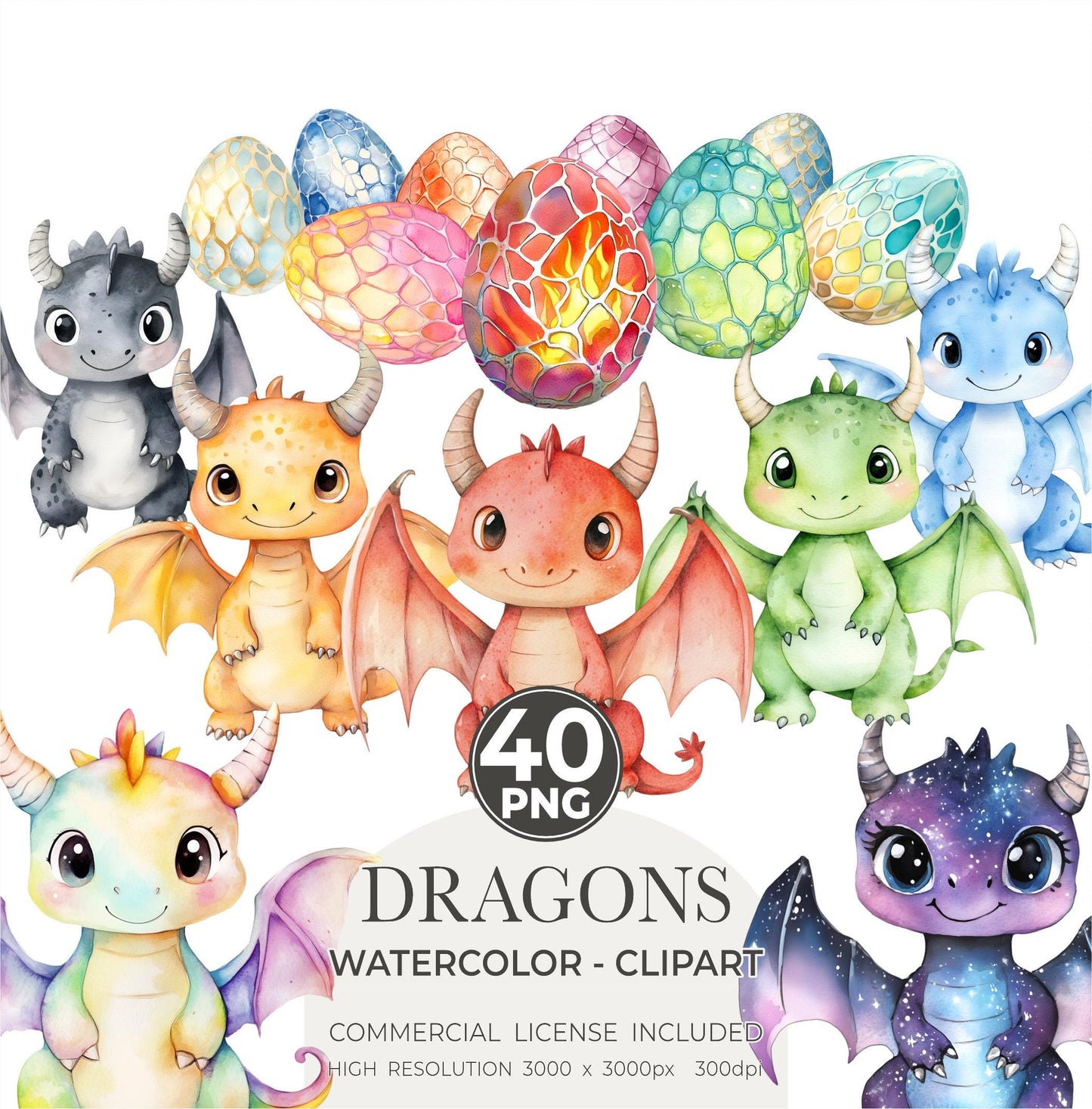 Watercolor Dragon Clipart Bundle | Baby Fantasy Dragon PNG, Mystical Creatures, Nursery art, Instant Download, Baby Dragon, Kid art , Dragon