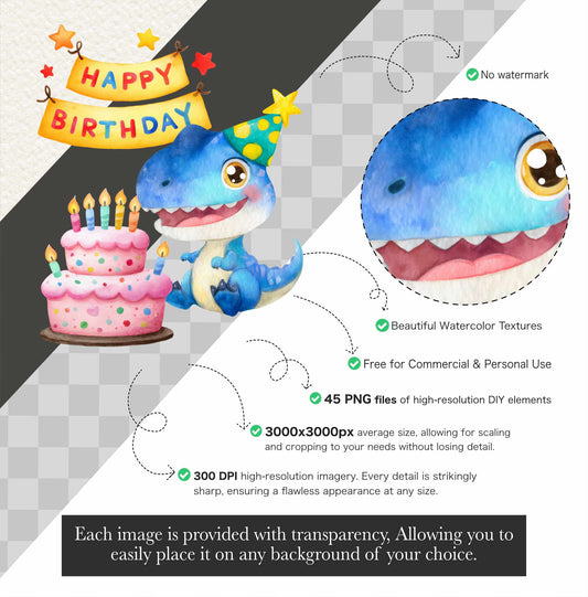 Dino Birthday Party Clipart Dinosaur Watercolor Birthday Decor PNG Sublimation Baby Shower Dinos Volcanos Nursery Decor Commercial Use