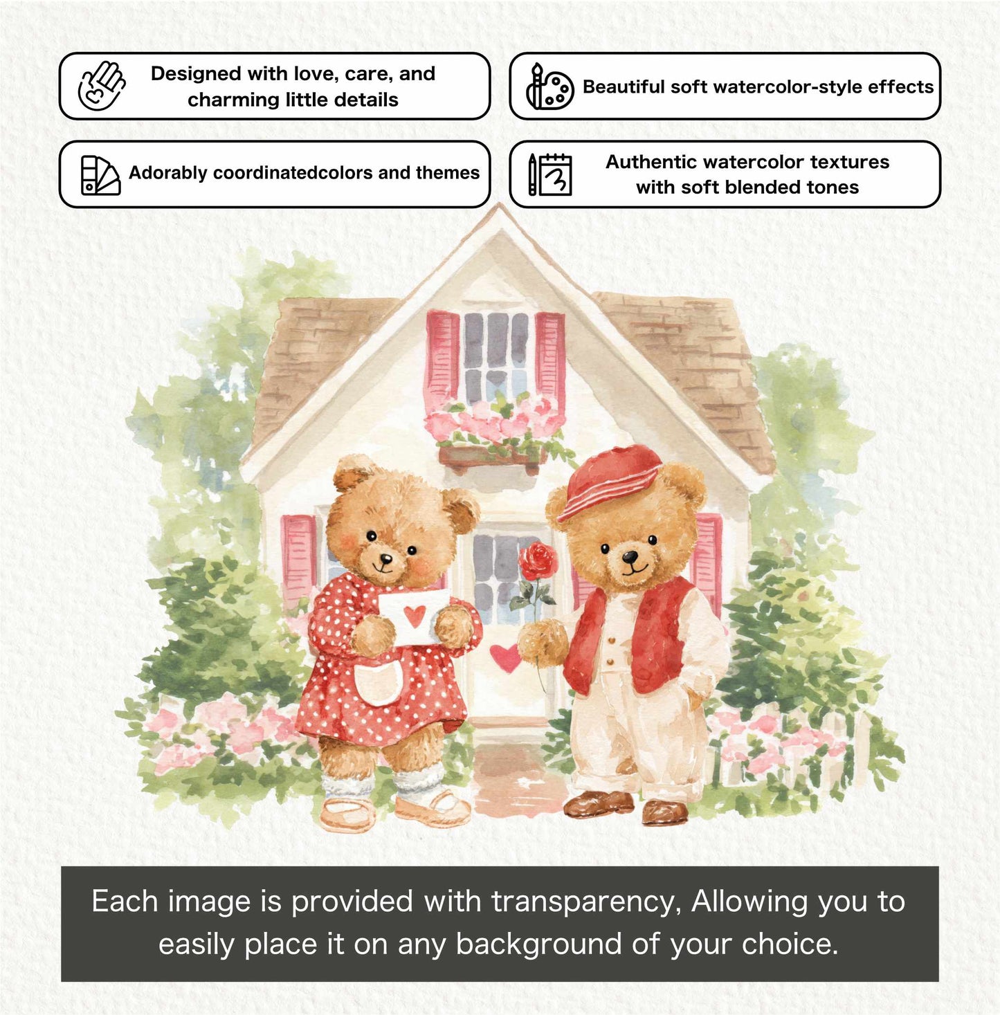 Red Valentine Teddy Bears Clipart, Cute Watercolor Love Bear PNGs, Romantic Nursery Clip Art, Baby Shower, Digital Download