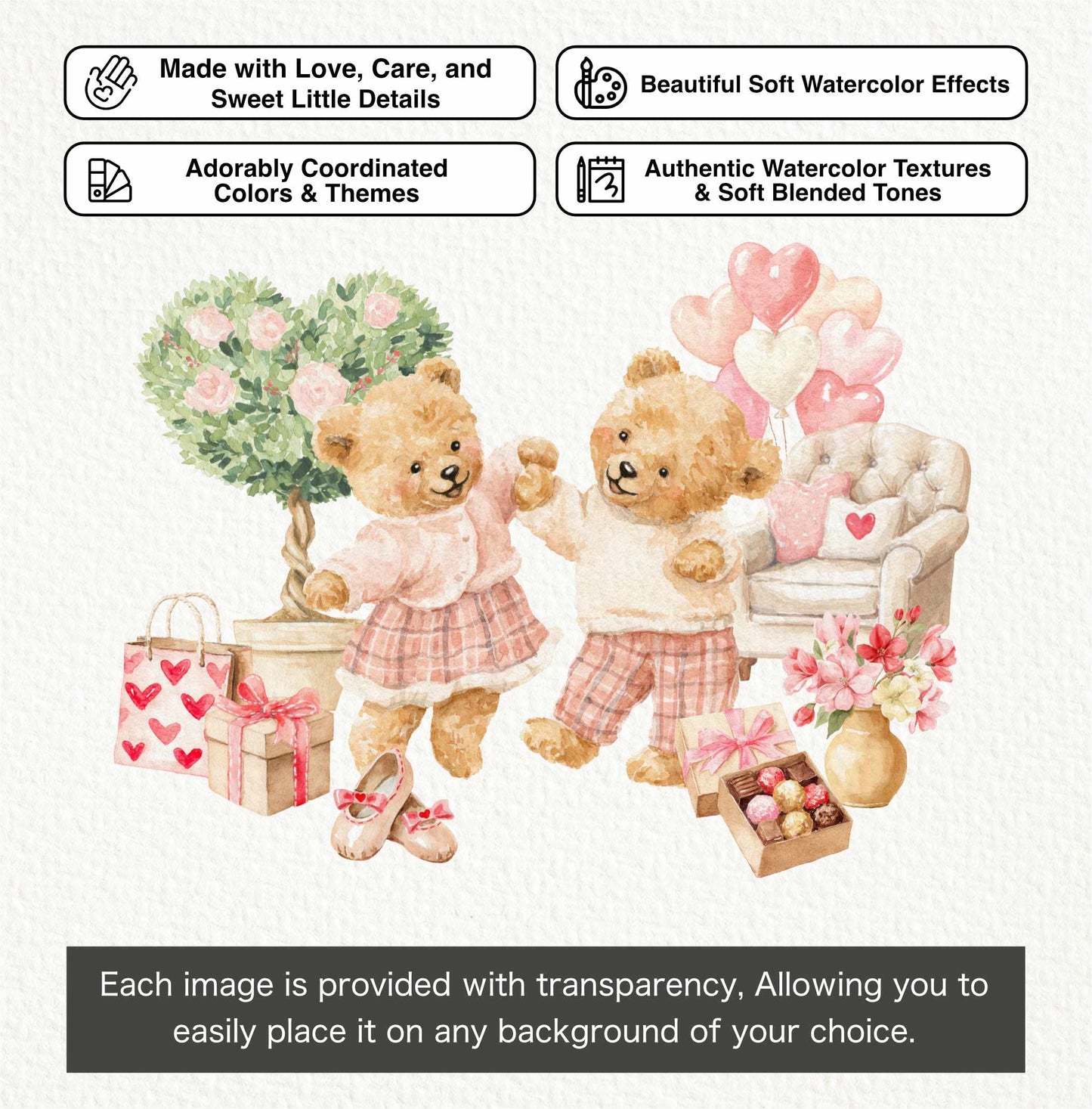 Pastel Valentine Teddy Bears Clipart, Cute Watercolor Love Bear PNG, Romantic Nursery Clipart, Baby Shower, Digital Download