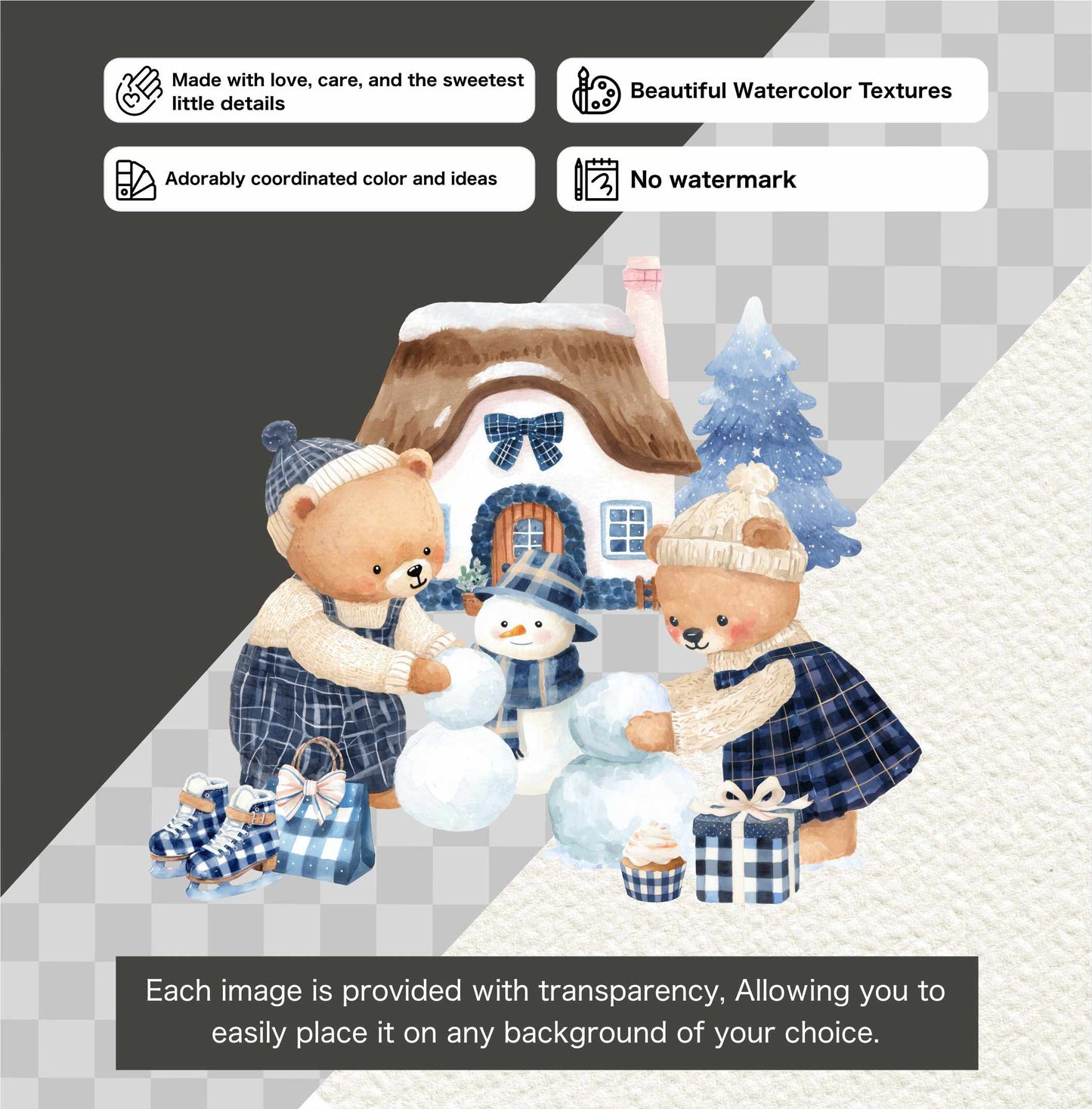 FROSTY COZY BEARS – BLUE PLAID WINTER WATERCOLOR TEDDY CLIPART (70 PNGs