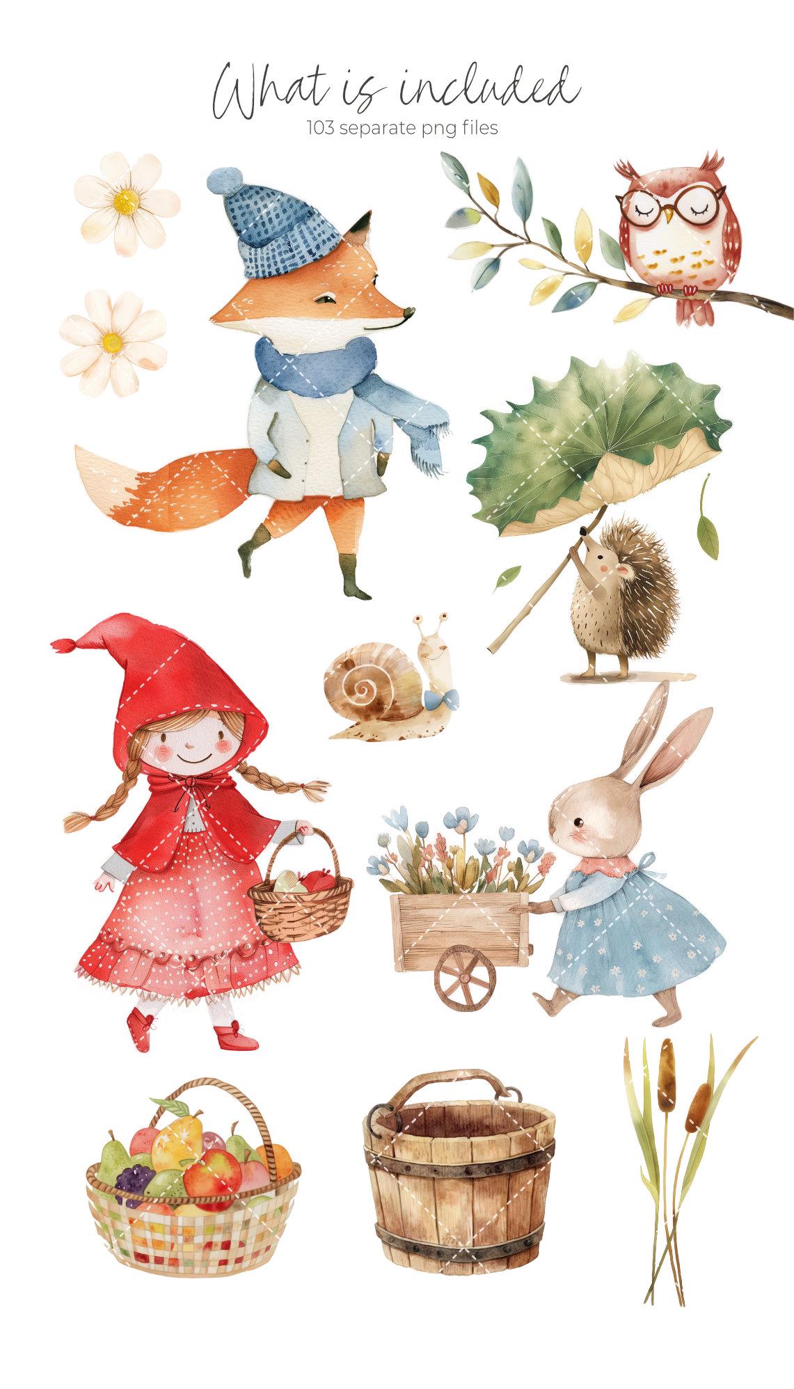 Little Red Riding Hood watercolor clipart, Woodland animals watercolor, love decor art, love couple animals graphics