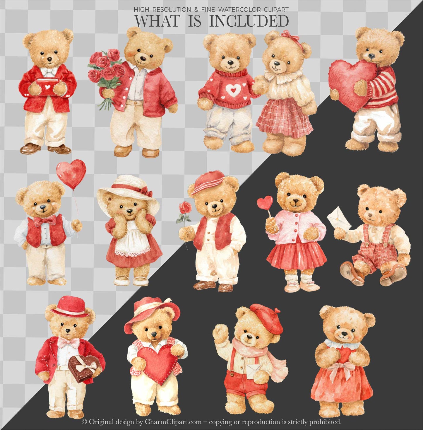 Red Valentine Teddy Bears Clipart, Cute Watercolor Love Bear PNGs, Romantic Nursery Clip Art, Baby Shower, Digital Download