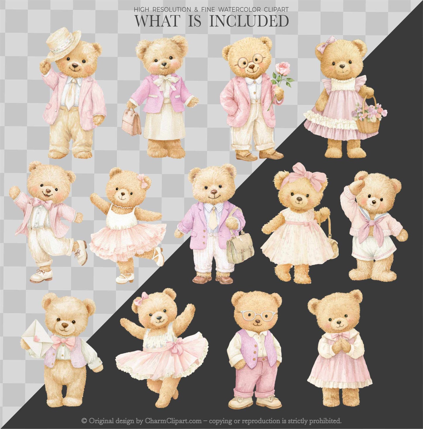 Valentine’s Day Teddy Bears Clipart, Romantic Watercolor Bears PNG, Cute Love Clipart, Nursery Decor, Baby Shower Digital Set