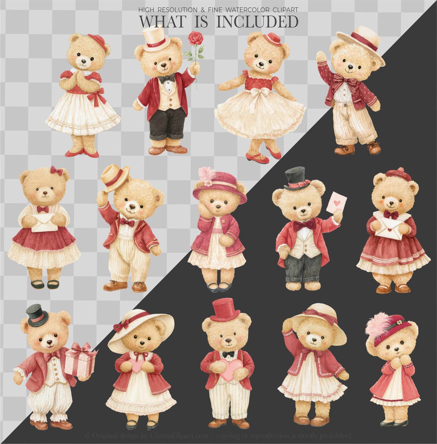 Watercolor Romantic Classics Teddy Bears Clipart, Valentine's Day Clipart, Cute Bears PNG, Love Clipart, Baby Shower, Nursery PNG, Digital