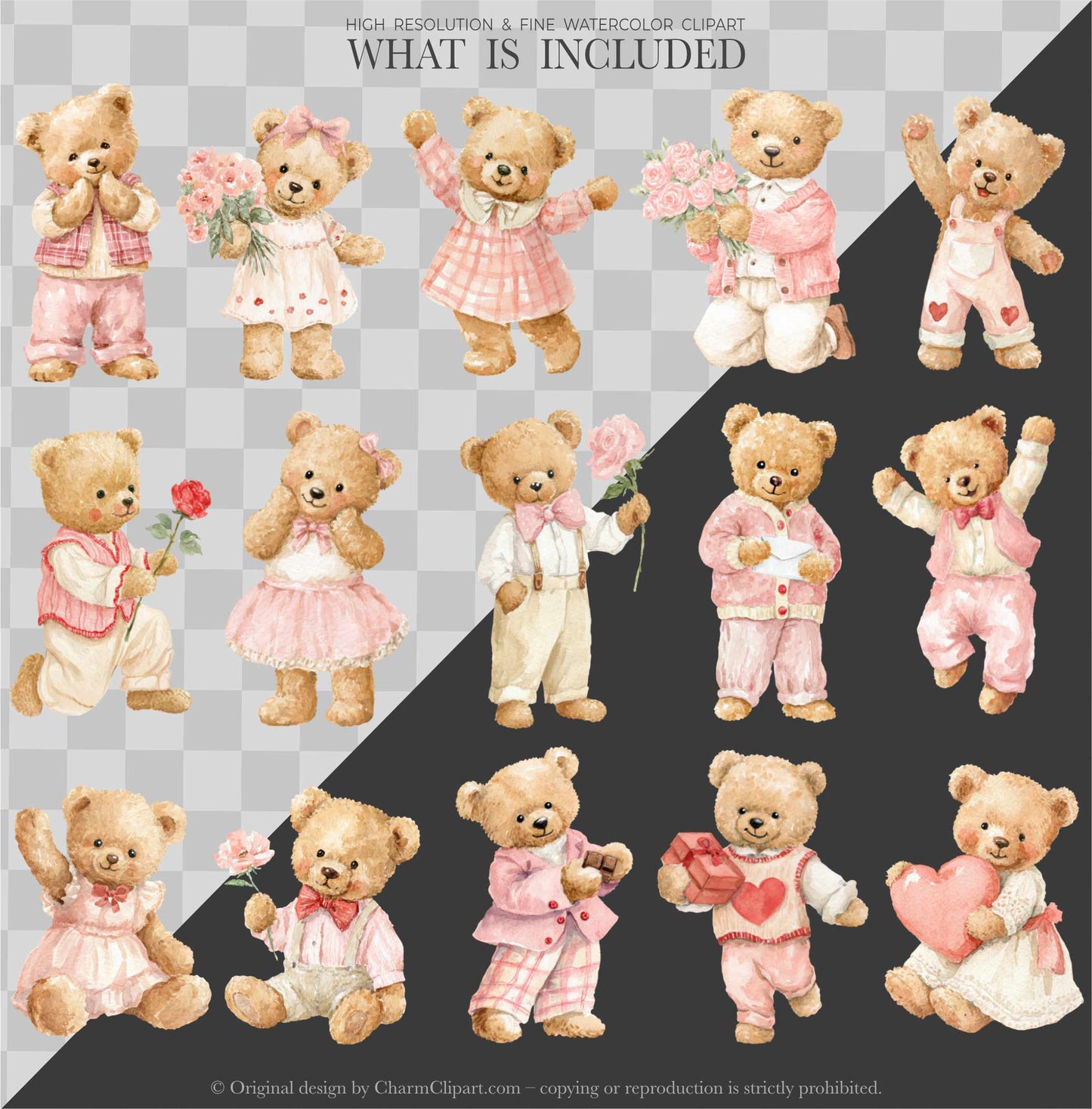 Pastel Valentine Teddy Bears Clipart, Cute Watercolor Love Bear PNG, Romantic Nursery Clipart, Baby Shower, Digital Download