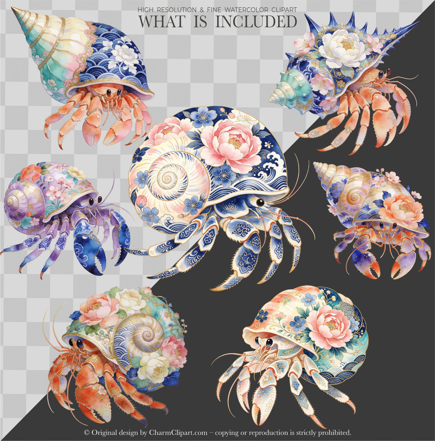 Floral Shellfish Clipart PNG, Coastal Crab Lobster Shrimp Seashell, Chinoiserie Floral Shellfish Clipart, Watercolor Ocean Animals PNG