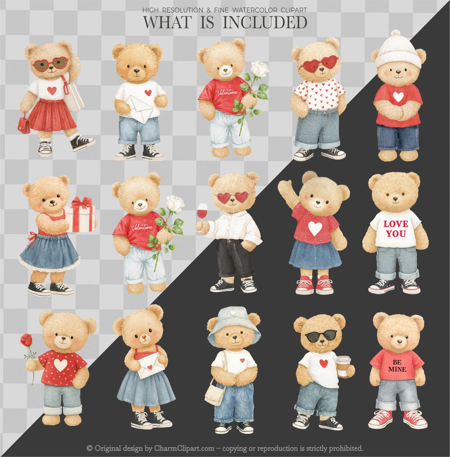 Watercolor Valentine Teddy Bears Clipart, Cute Watercolor Love Bear PNG, Romantic Nursery Clipart, Baby Shower, Digital Download