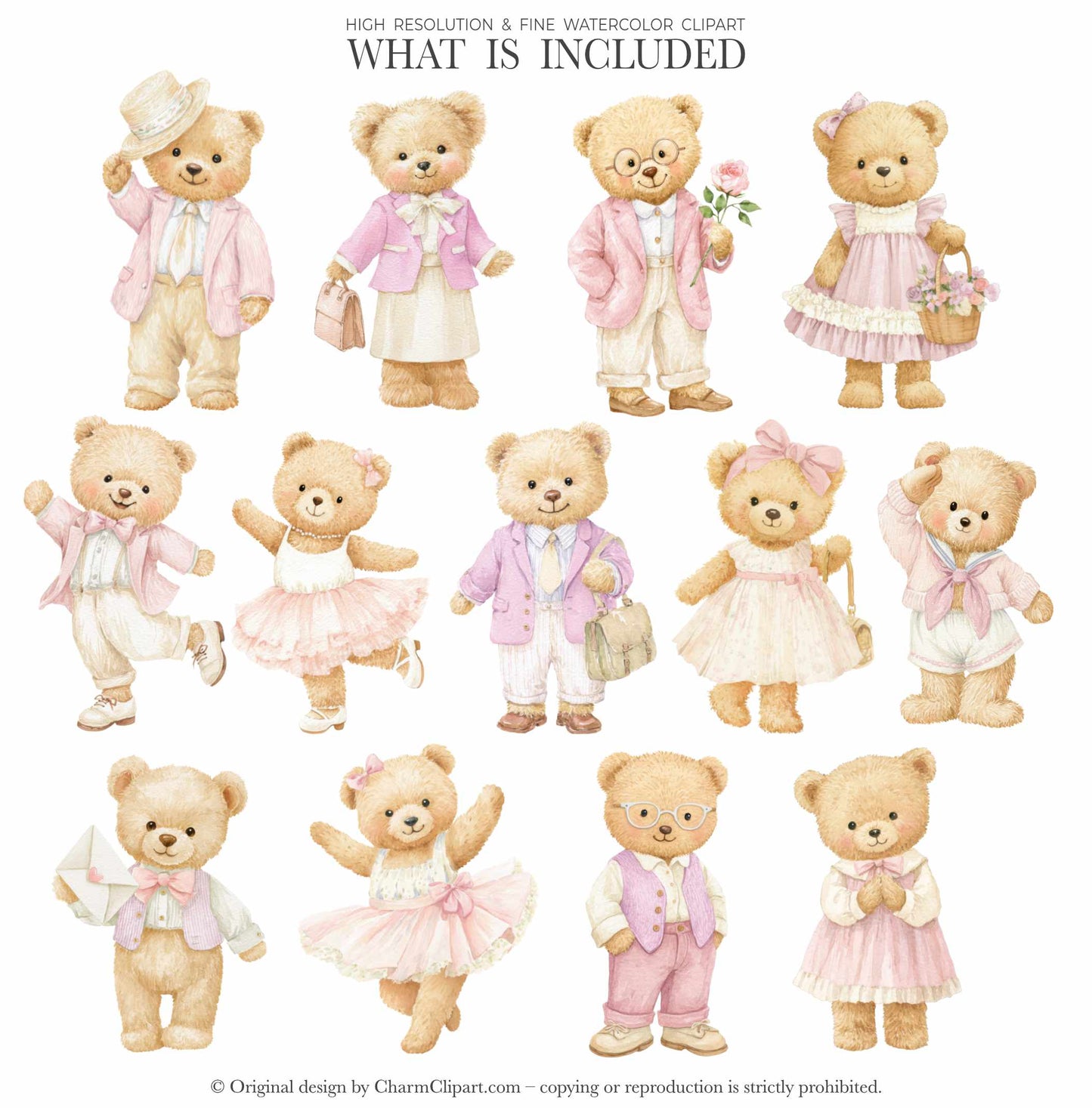 Valentine’s Day Teddy Bears Clipart, Romantic Watercolor Bears PNG, Cute Love Clipart, Nursery Decor, Baby Shower Digital Set