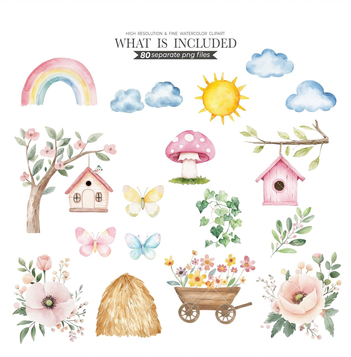 Spring Cottagecore Clipart, Cute Strawberry, Animals, Florals, Rustic Farm, Red Gingham, Polka Dots, Nursery Kids Watercolor, Commercial Use