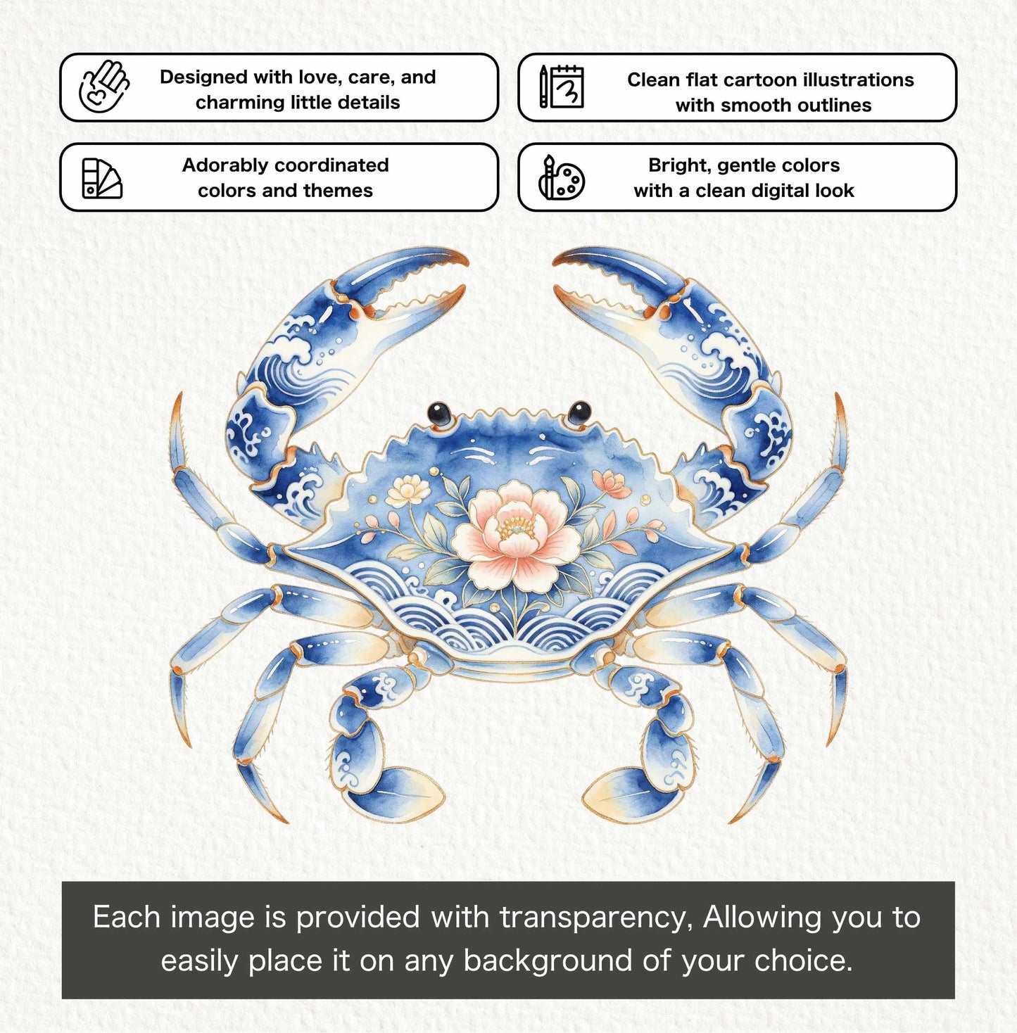 Floral Shellfish Clipart PNG, Coastal Crab Lobster Shrimp Seashell, Chinoiserie Floral Shellfish Clipart, Watercolor Ocean Animals PNG