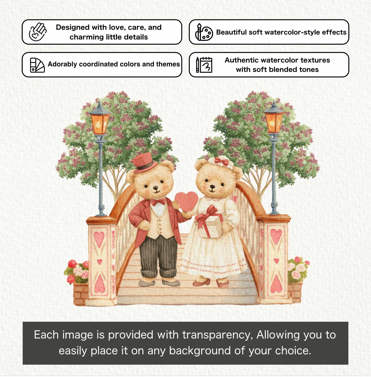 Watercolor Romantic Classics Teddy Bears Clipart, Valentine's Day Clipart, Cute Bears PNG, Love Clipart, Baby Shower, Nursery PNG, Digital