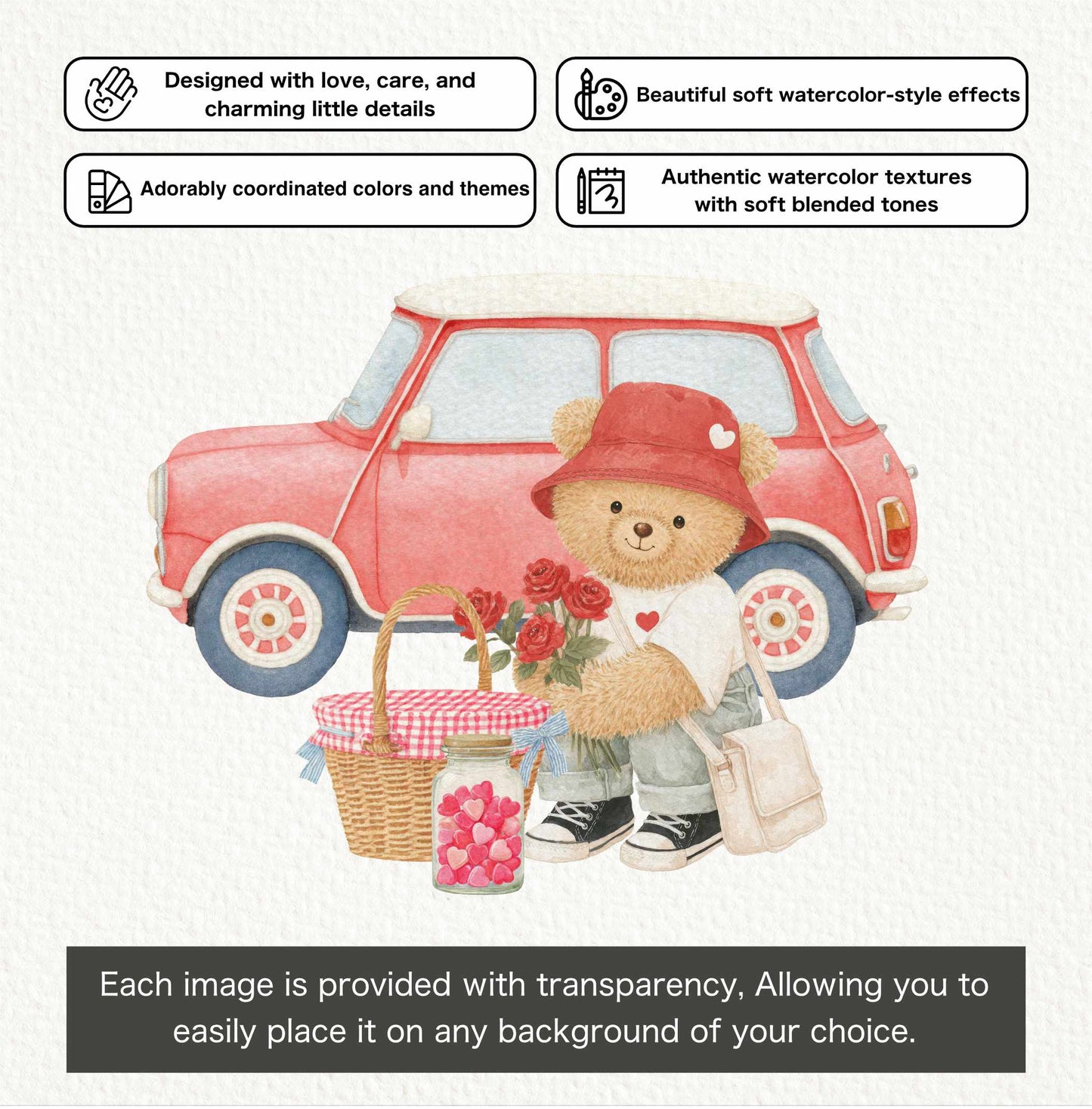 Watercolor Valentine Teddy Bears Clipart, Cute Watercolor Love Bear PNG, Romantic Nursery Clipart, Baby Shower, Digital Download