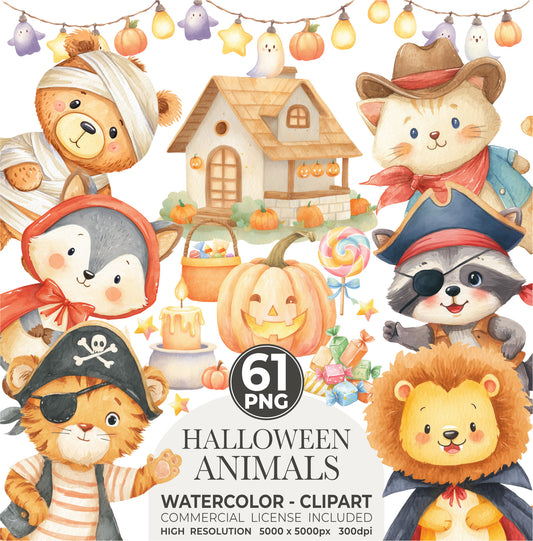 Halloween Animals Clipart, Cute Halloween png, Woodland Animal Clipart, Spooky clipart, Fall clipart, Animal Costumes, Commercial Use