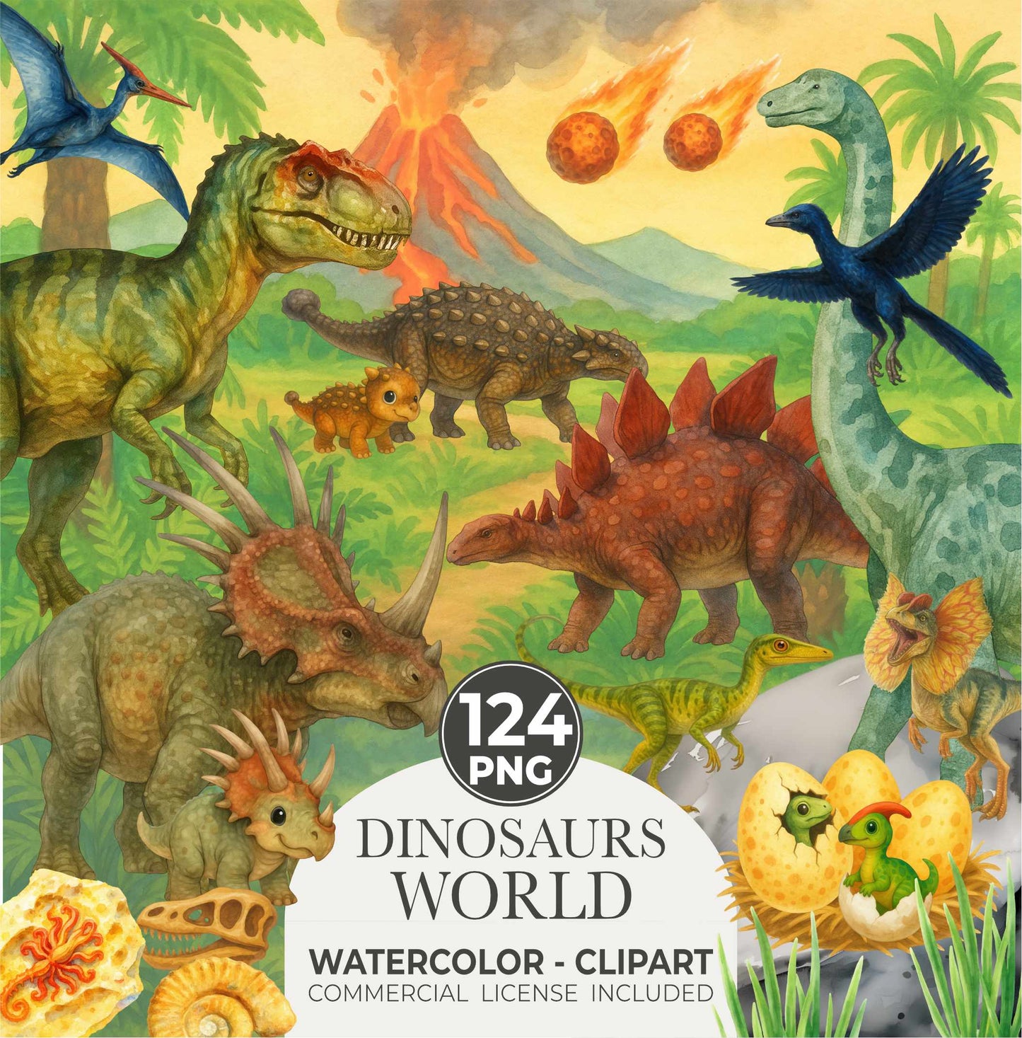 Watercolor Dinosaur Clipart, Dinosaur clipart, Nursery Clipart, PNG, Dinosaur birthday party Decor, Dinosaur stickers, Dinosaur baby shower