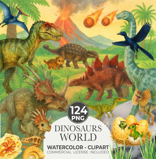 Watercolor Dinosaur Clipart, Dinosaur clipart, Nursery Clipart, PNG, Dinosaur birthday party Decor, Dinosaur stickers, Dinosaur baby shower