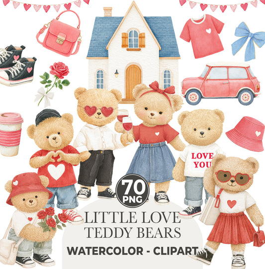 Watercolor Valentine Teddy Bears Clipart, Cute Watercolor Love Bear PNG, Romantic Nursery Clipart, Baby Shower, Digital Download