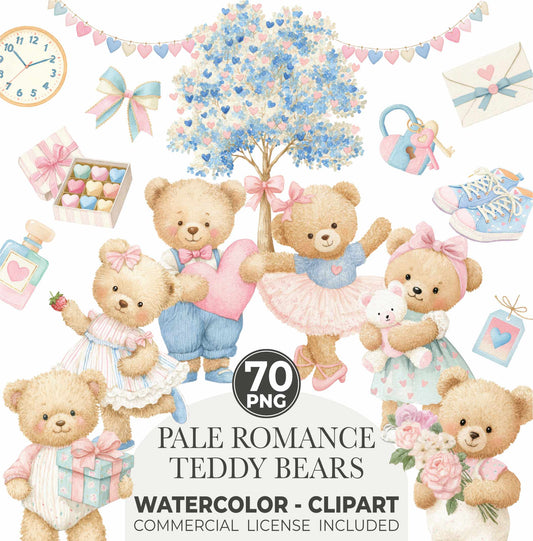 Watercolor Pale Valentine Teddy Bear Clipart, Soft Pastel Love Bears, Cute Watercolor PNG, Nursery Decor, Baby Shower Digital Download