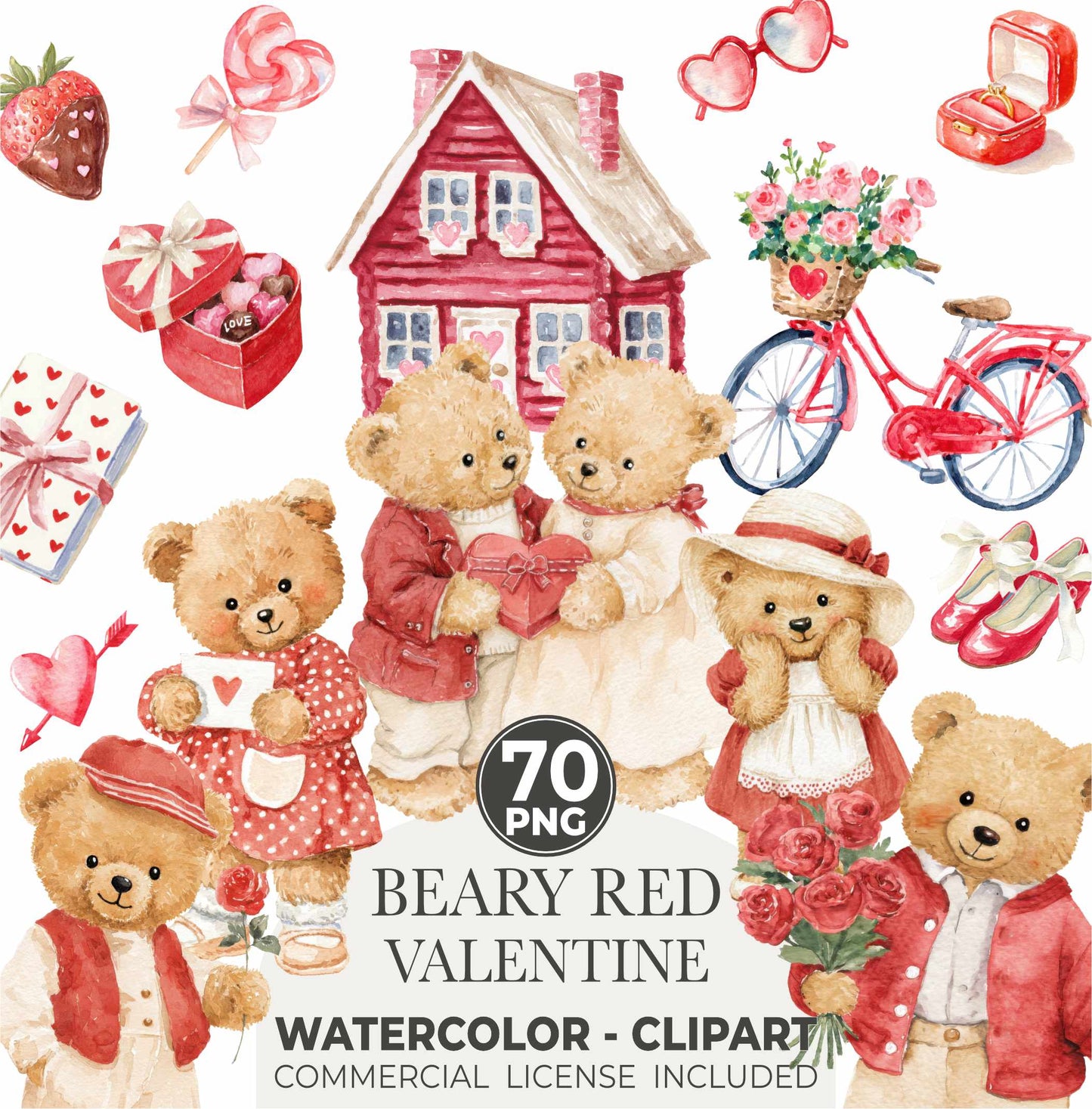 Red Valentine Teddy Bears Clipart, Cute Watercolor Love Bear PNGs, Romantic Nursery Clip Art, Baby Shower, Digital Download