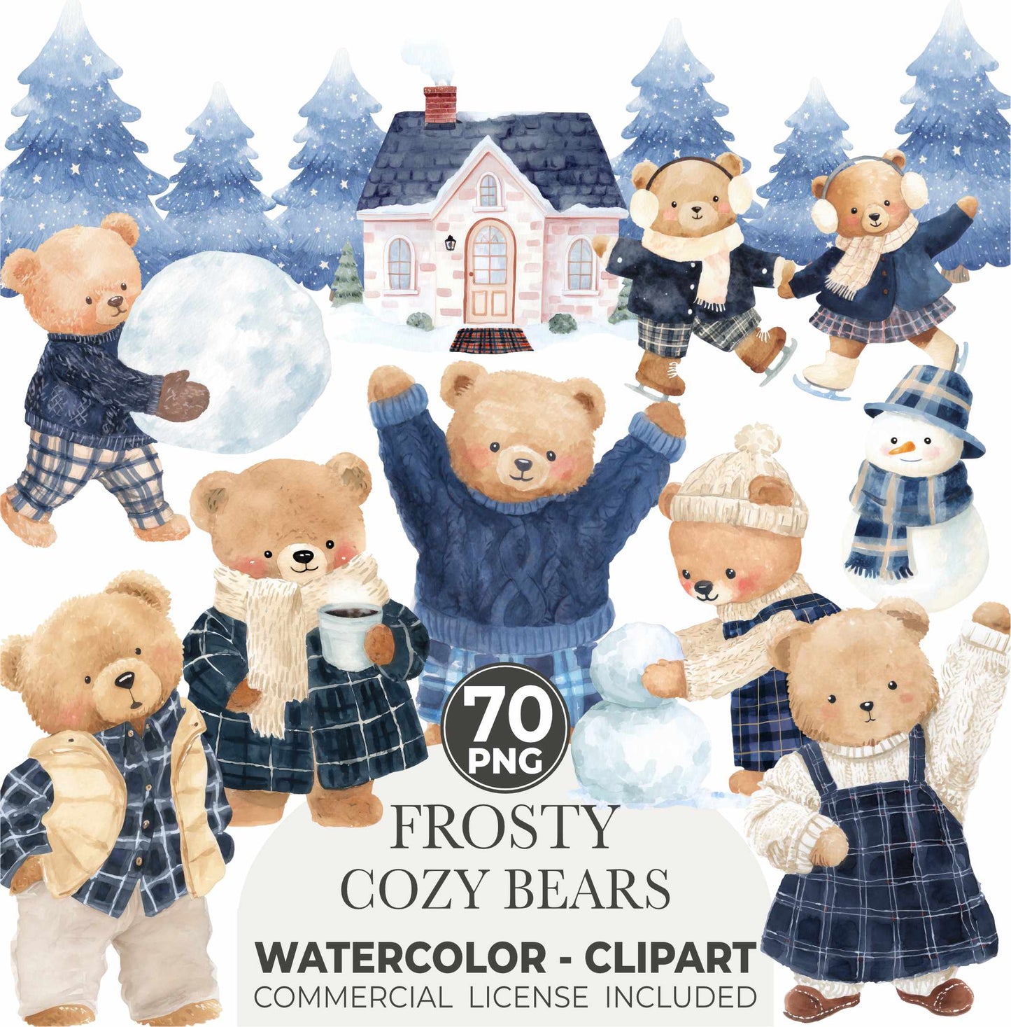 FROSTY COZY BEARS – BLUE PLAID WINTER WATERCOLOR TEDDY CLIPART (70 PNGs