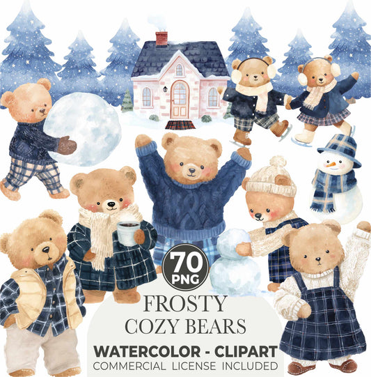 FROSTY COZY BEARS – BLUE PLAID WINTER WATERCOLOR TEDDY CLIPART (70 PNGs