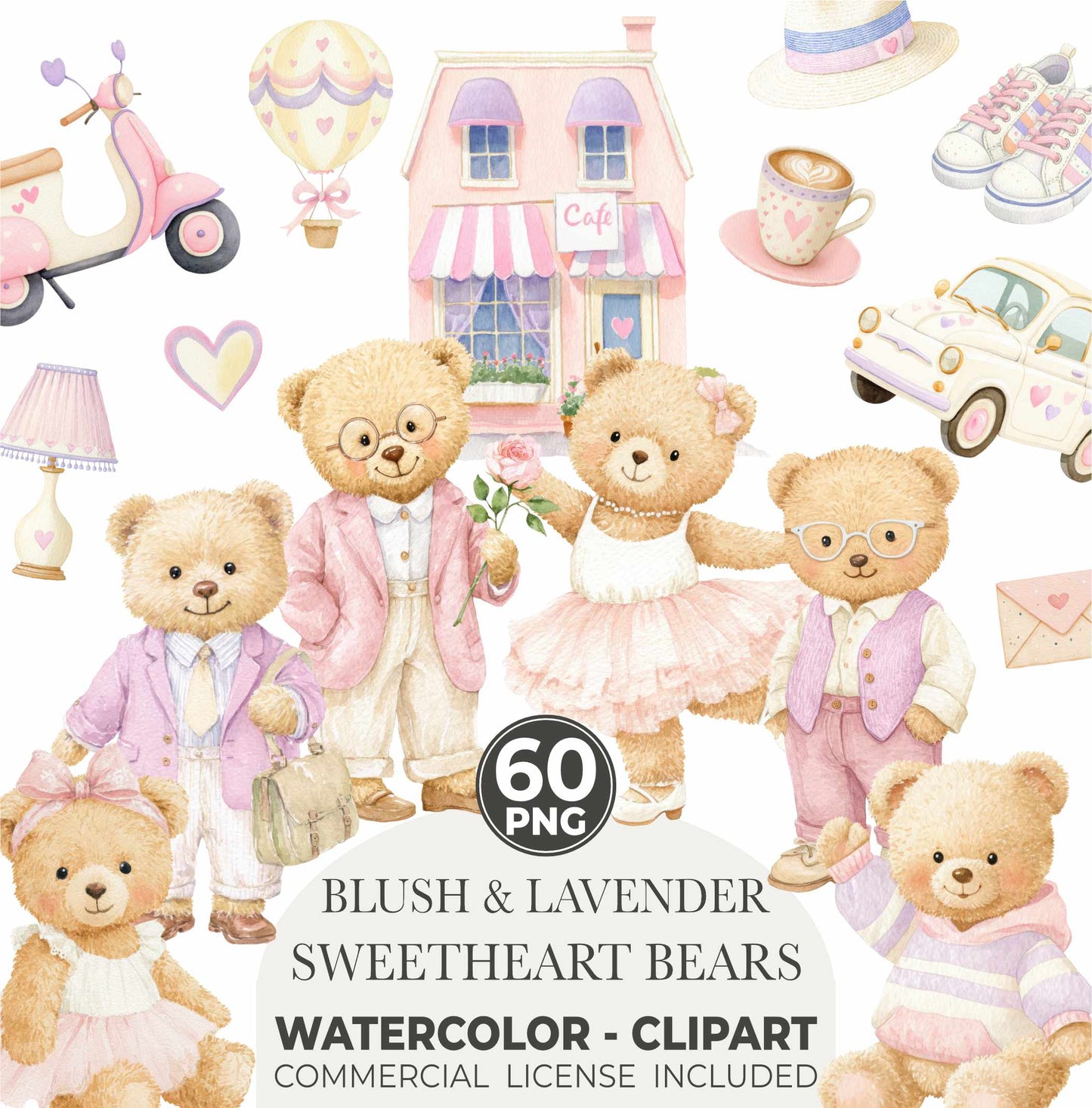 Valentine’s Day Teddy Bears Clipart, Romantic Watercolor Bears PNG, Cute Love Clipart, Nursery Decor, Baby Shower Digital Set