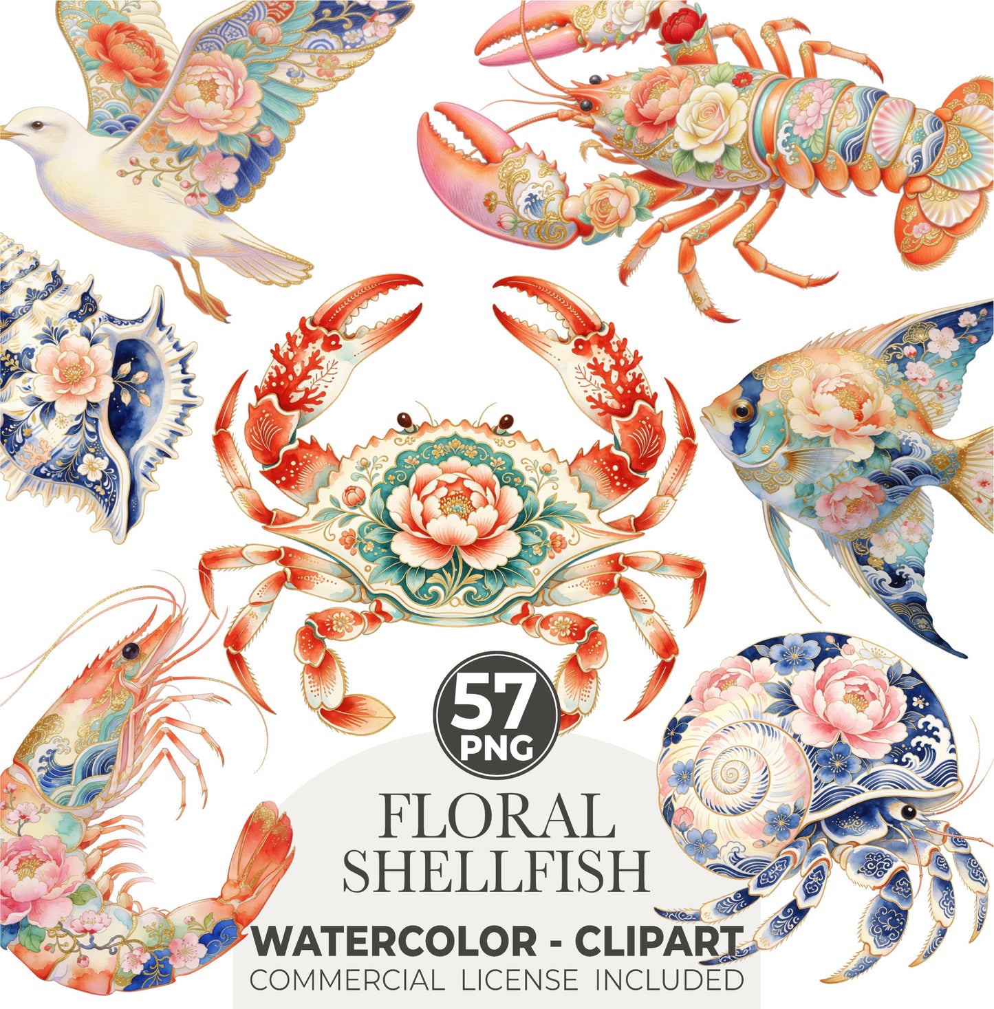 Floral Shellfish Clipart PNG, Coastal Crab Lobster Shrimp Seashell, Chinoiserie Floral Shellfish Clipart, Watercolor Ocean Animals PNG